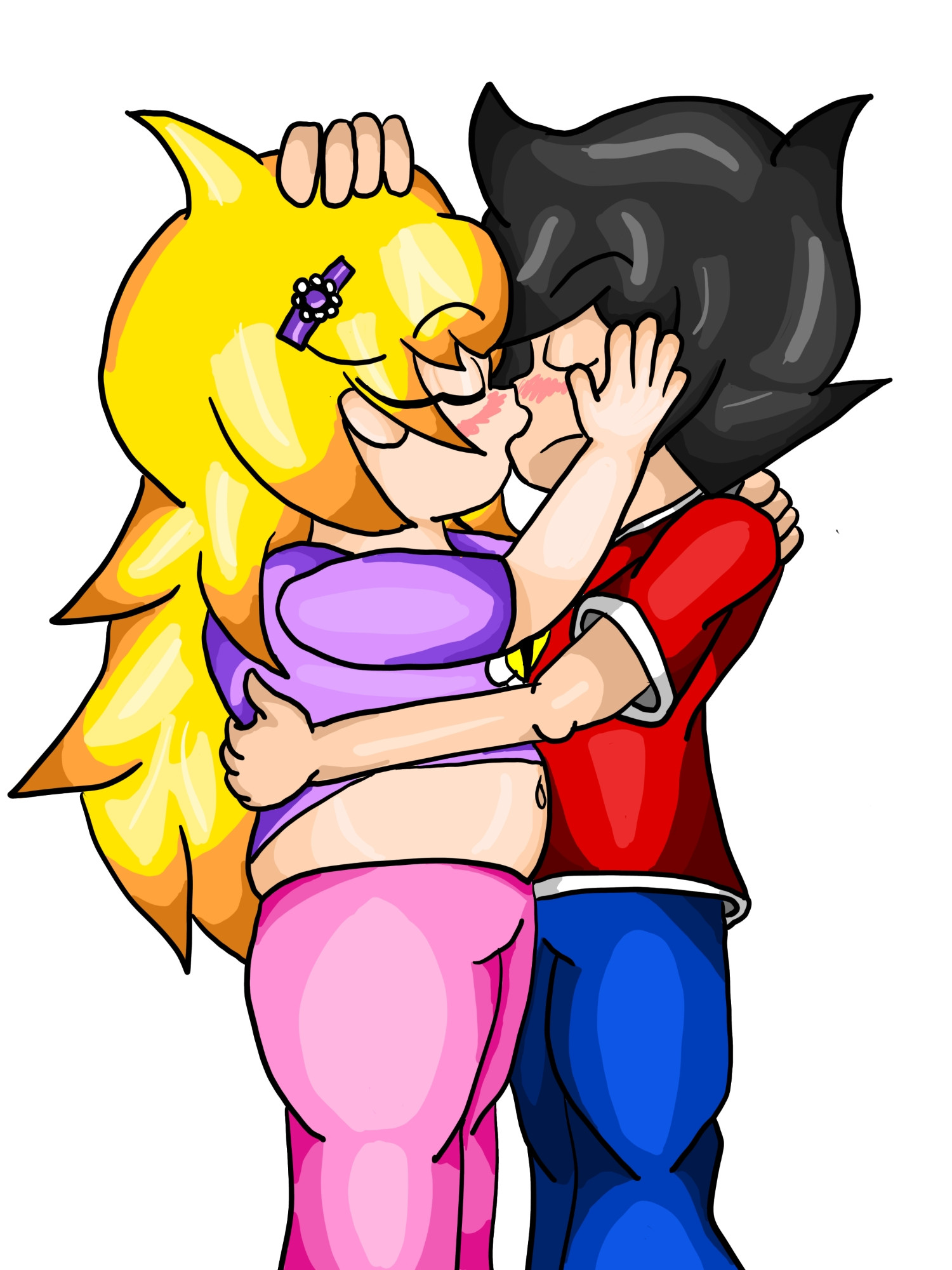 Took me way too long to draw them kissing. I also did this as a way to draw them without their sweatshirts on. Rose's t-shirt is kind of small for her chubby tummy, but Garret loves it, so she's okay with opening up more with him. It's a permanent baby fat sort of thing. She can't lose it no matter how hard she tries... still, being hugged by her feels like being surrounded by a warm, loving, vanilla scented marshmallow.