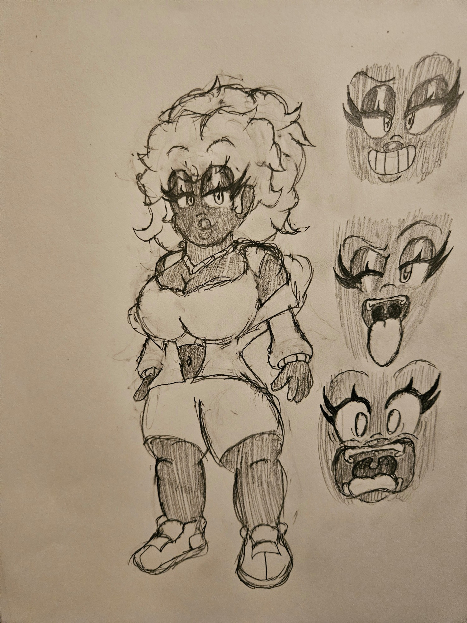 I absolutely need to draw Steph more, so I'm including her concept sketch here, along with some test expressions showing her sassy attitude, her cheeky flirty side, and a shot where her eyes are fully open. 