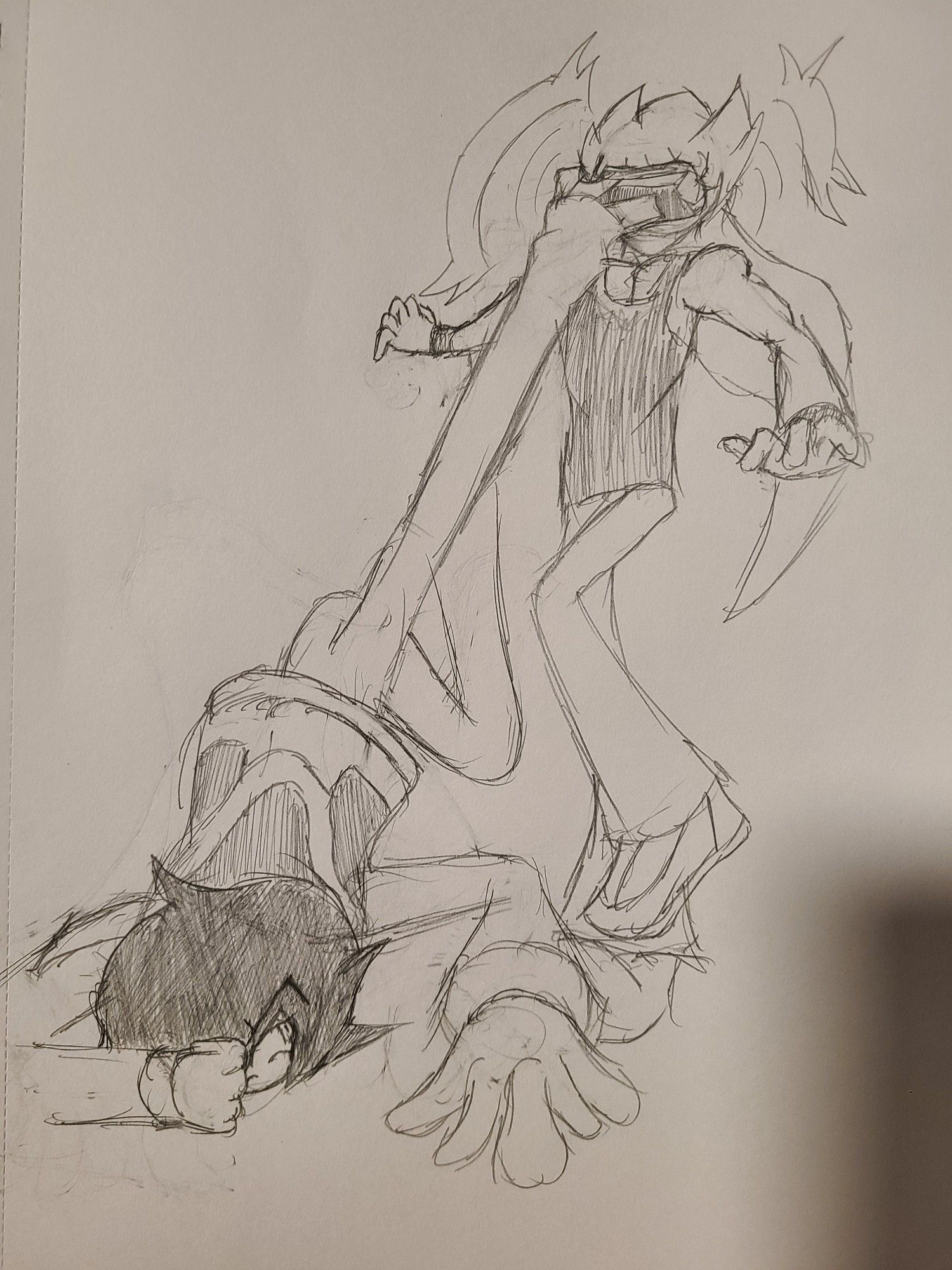 I've yet to digitally finish this one. Garret uses his own sort of capoeira adjacent style of fighting, combining kickboxing, breakdancing, and other forms of acrobatics, so this is him delivering a powerful kick from the ground, pushing up for added leverage. The opponent is a character I need to finish the design for