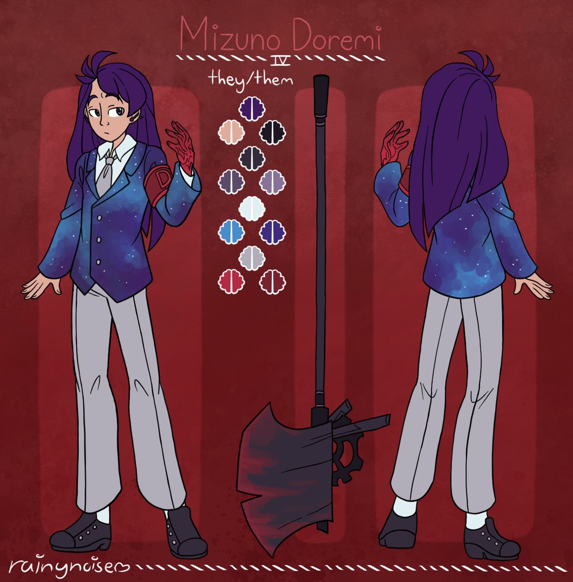 A reference sheet of a human wearing a Lobotomy Corporation uniform, with their left arm having been scarred from an accident. Up on the top it reads “Mizuno Doremi” and their pronouns are listed as “they/them”.