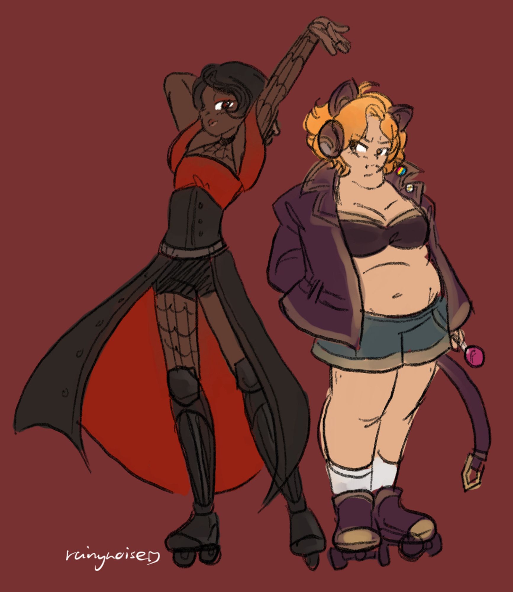 A sketch of two original characters: Trish Amantea (left) and Lollie Van Hassel (right). Trish has short black hair, a red top with its sleeves falling to her shoulders, a corset that opens into a skirt-like shape as it reaches her legs, black shorts, a black lace pattern that is on her right leg and left arm, as well as her chest, and two black leg prosthetics connected to the knee, with built in roller blades. They are stretching their arms, with their right hand holding up their left arm. Lollie has short orange hair, two piercings under her mouth, cat-ear headphones, a black bra under a purplish jacket with two pins, one of the pansexual flag and the other of the autism infinity symbol, with the jacket’s belt loose to appear like a tail, blue shorts, and roller skates with white socks. She is holding a pink lollipop in her left hand. They look towards each other with light distain.