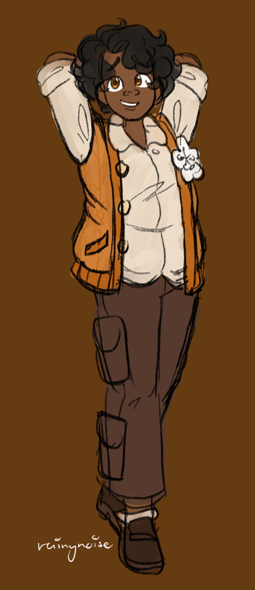 A sketch of an original character: Orion Angelos. He has short curly black hair, an off-white shirt with its sleeves rolled up past the elbow, an orange knit vest with a blackthorn flower placed on its left side, brown cargo pants, and dark brown shoes with off-white socks. They are holding their arms behind their head, smiling a bit awkwardly.