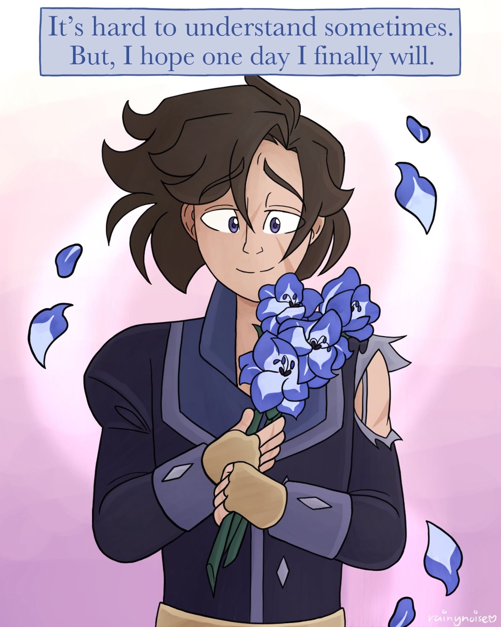 An illustration of Vivian holding a blue gladiolus close to their chest. Petals swirl around them in light breezes of wind, and they smile looking at them, gently. Up at the top, there is a text box that reads “It’s hard to understand sometimes. But, I hope one day I finally will.”