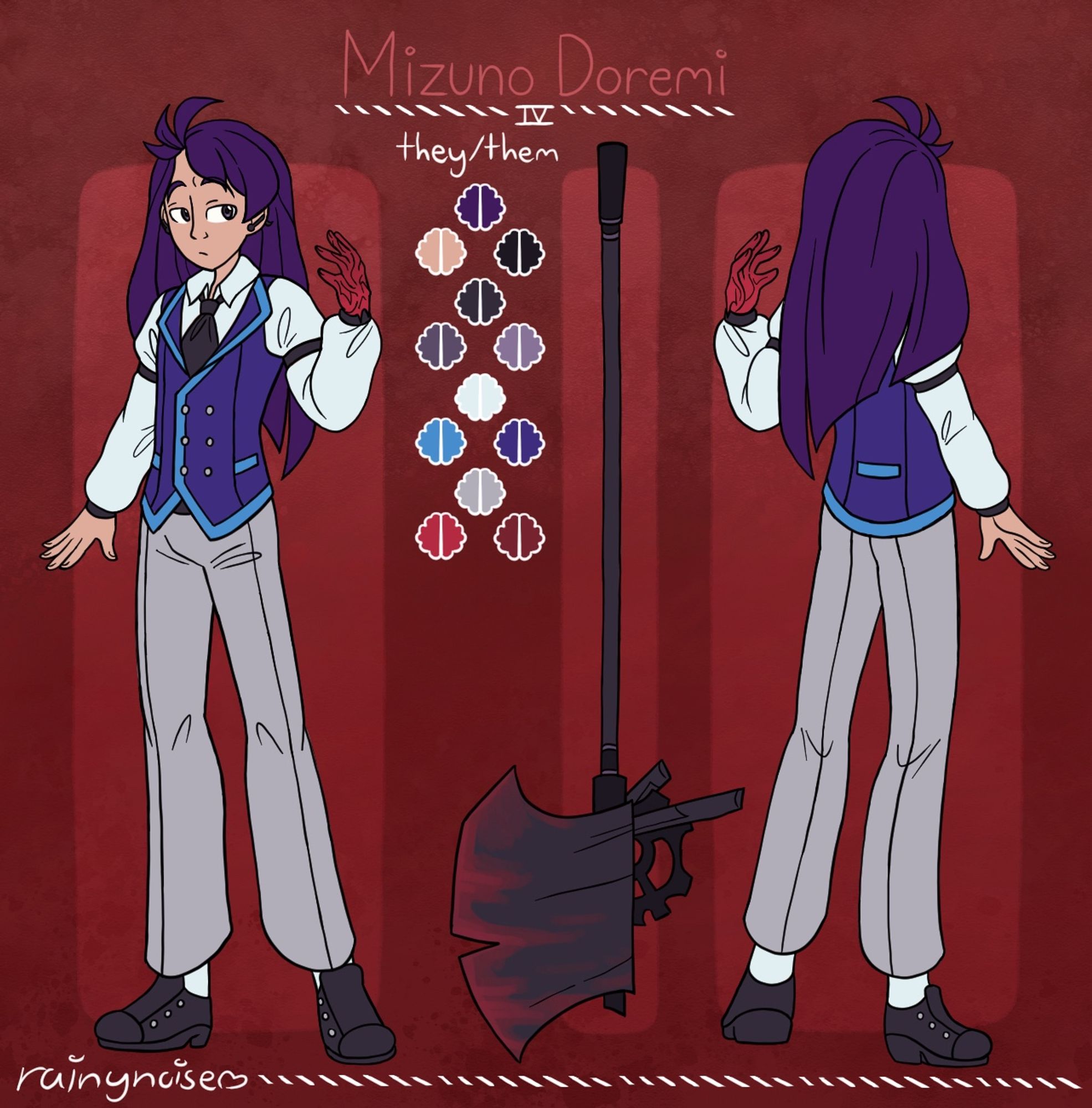 A reference sheet of a human wearing a vest and dapper clothes, with their left arm having been scarred from an accident. Up on the top it reads “Mizuno Doremi” and their pronouns are listed as “they/them”.