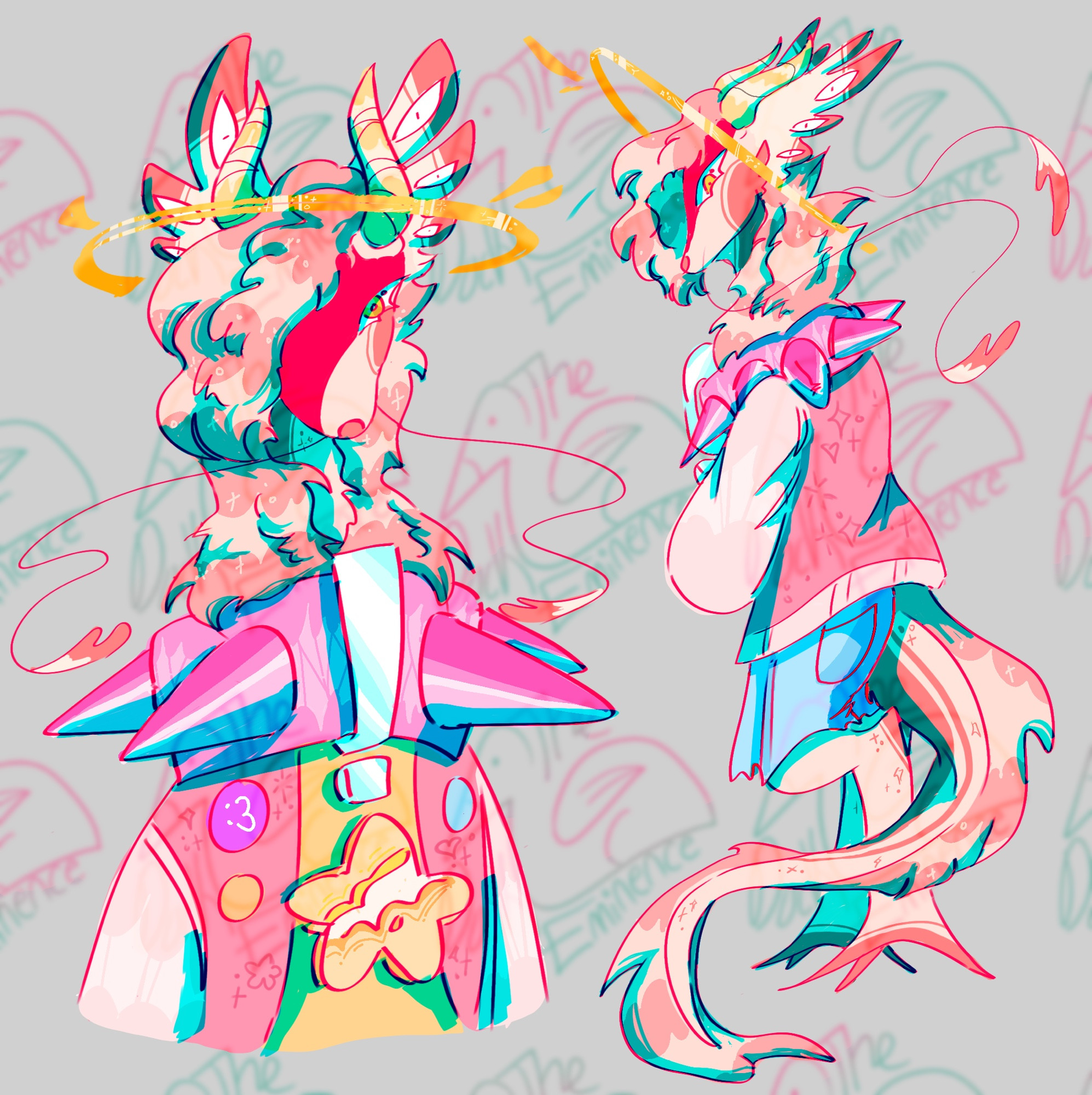 Image description: In the image shown, the artist’s persona is depicted as a furry pink dragon with half the face covered by a shadow and a single eye shown on the expressionless face. The first figure is shown to be a bust of the fursona while the second is the fursona’s fullbody. They wear the same pink varsity jacket, jean shorts, and a spikey pink choker alongside the halo over their head. Their ears are a wing-like shape, with three eyes looking back at the viewer. End of image description.