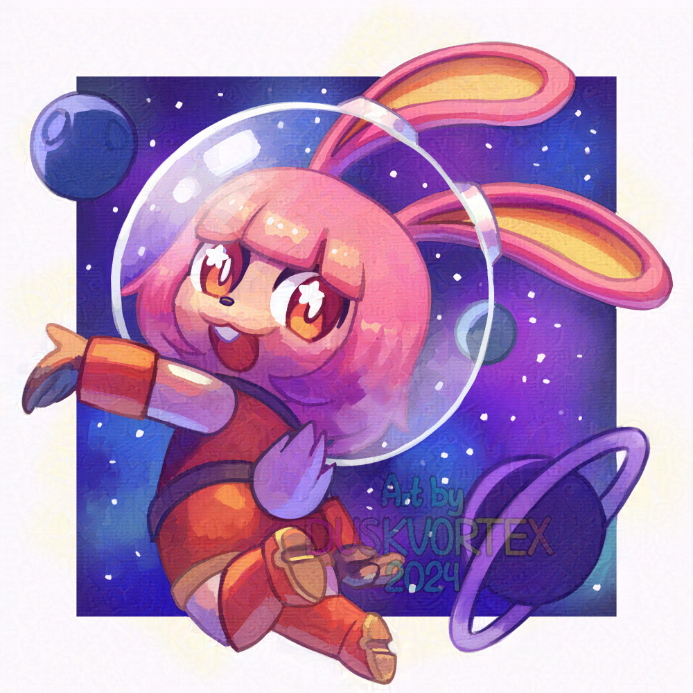 a stylized digital painting of a chibi pink anthro bunny wearing a red spacesuit, floating in space with her back facing the viewer but her head turned around to make eye contact. background consists of stars, faintly colored nebulae and planets