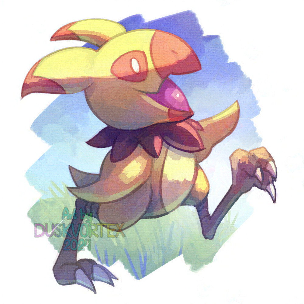 a stylized digital painting of a yellow chick like monster walking with a snippet of a grassy field in the background