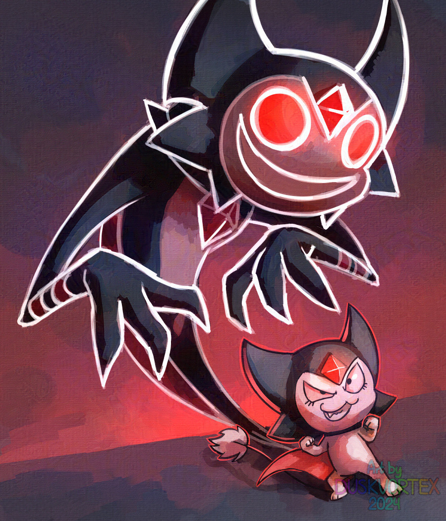 a stylized digital painting of a mischievous looking small white demon like creature wearing a black headwear with a red crystal on the front and a red cape with a large creature resembling a taller and more powerful version of itself rising from its shadows