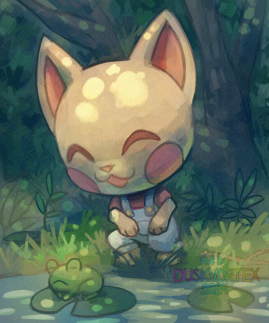 a stylized digital painting of a small anthropomorphic cat wearing overalls, squatting in a forest setting, looking happily at a frog sitting on a lily pad