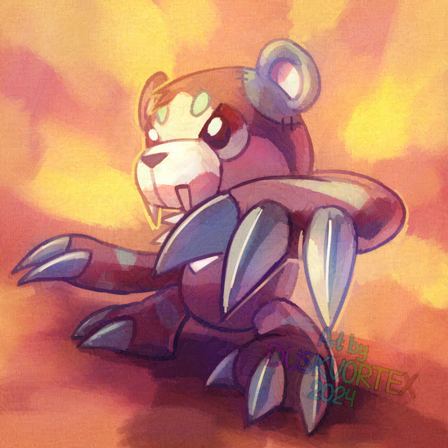 a stylized digital painting of a teddybear like Digimon with huge claws on its arms in a battle ready pose, framed at a dutch angle