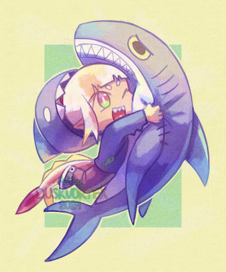 a stylized digital painting of a koi gijinka girl wearing a shark themed hoodie leaping at and hugging a plush shark that looks suspiciously similar to Blåhaj