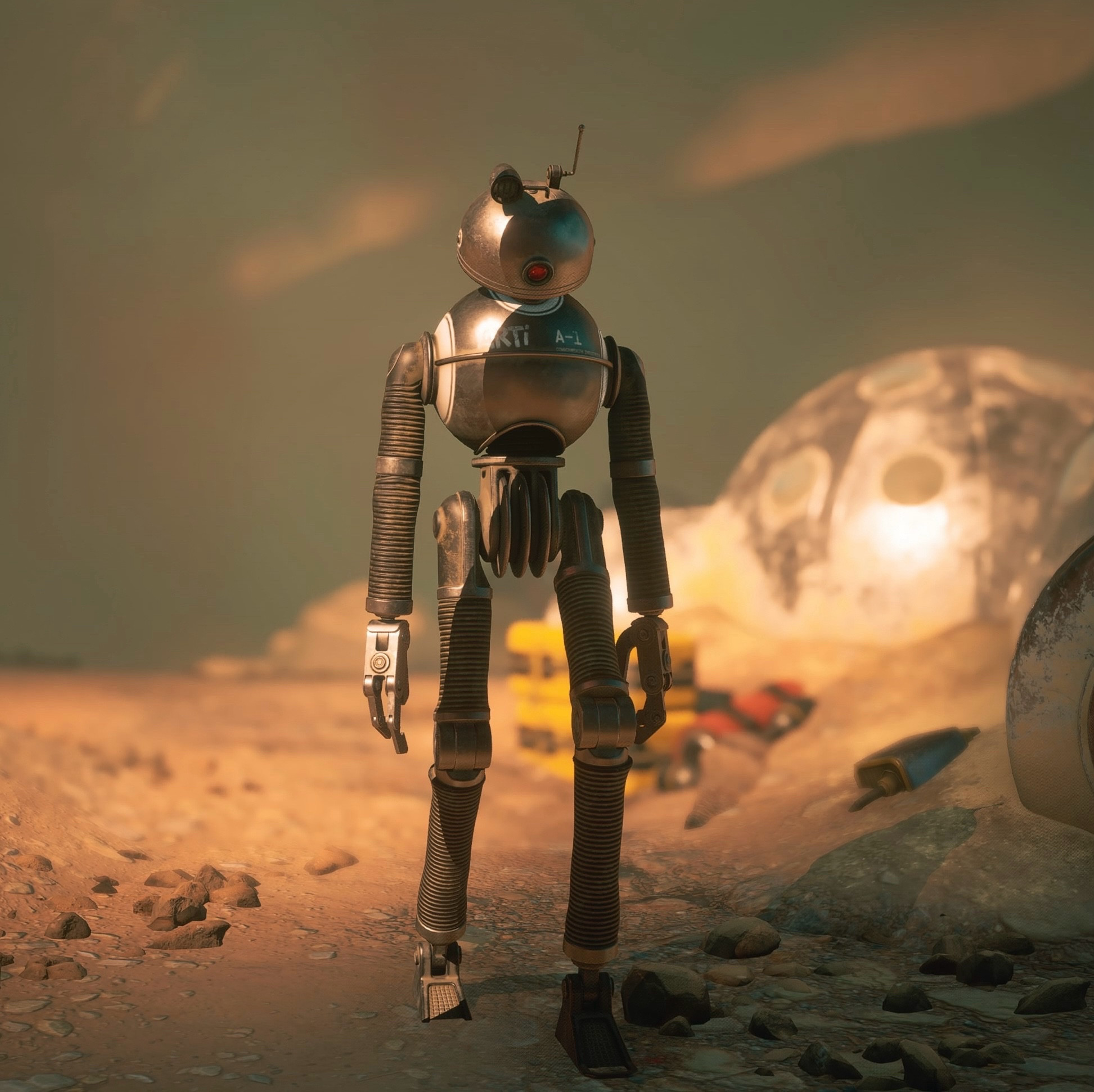 Photo du robot Arti du jeu The Invincible sur PS5. Il se trouve debout face à des tentes en forme de bulle sur la planète Regis 3.