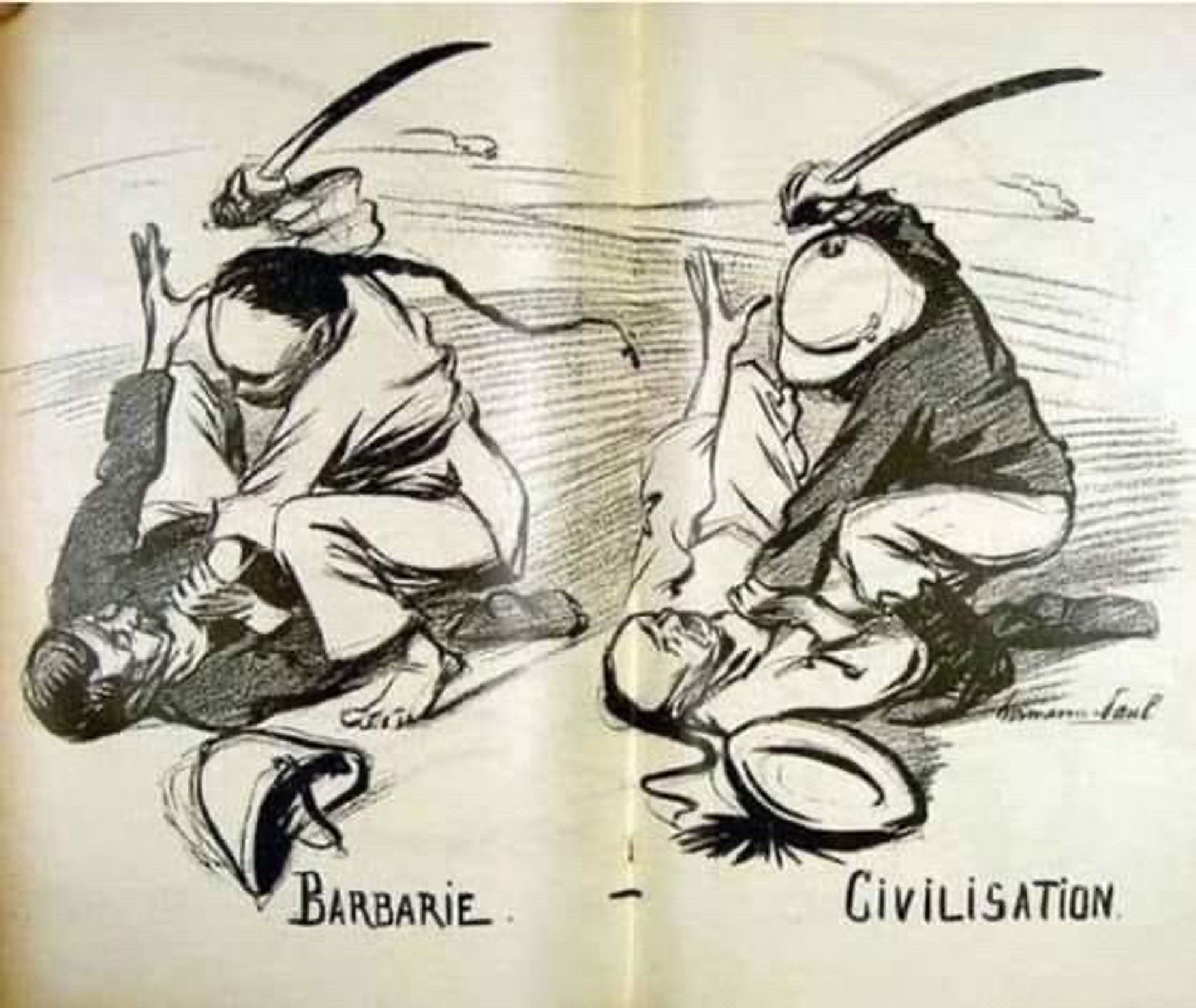 Cartoon. Two almost identical images. On the left, an Asian-looking man is atop a British man, about to stab him. It’s labeled “barbarism.” On the right is the same British man in a pith helmet over the Asian man, about to stab him. It’s labeled “civility.”