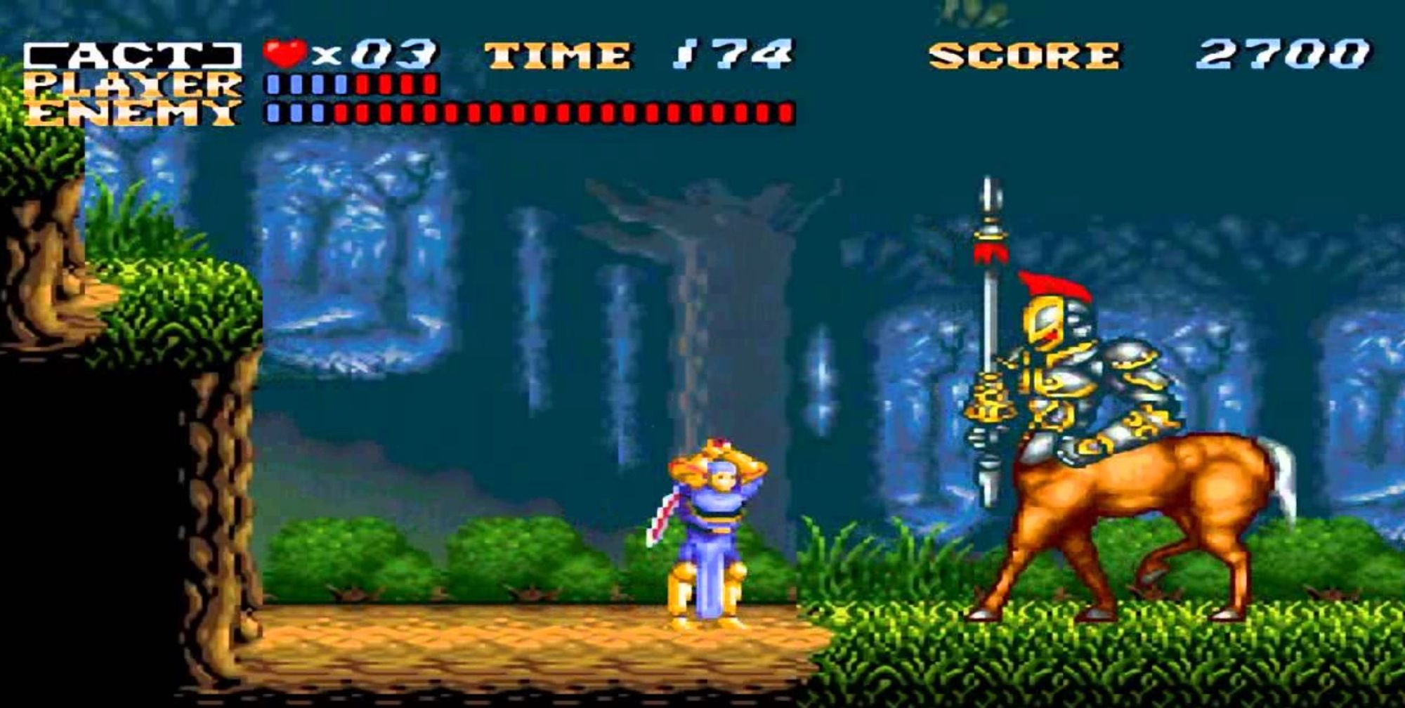 Screenshot of the game Actraiser, with a pixelated knight swinging a sword at a big centaur guy.