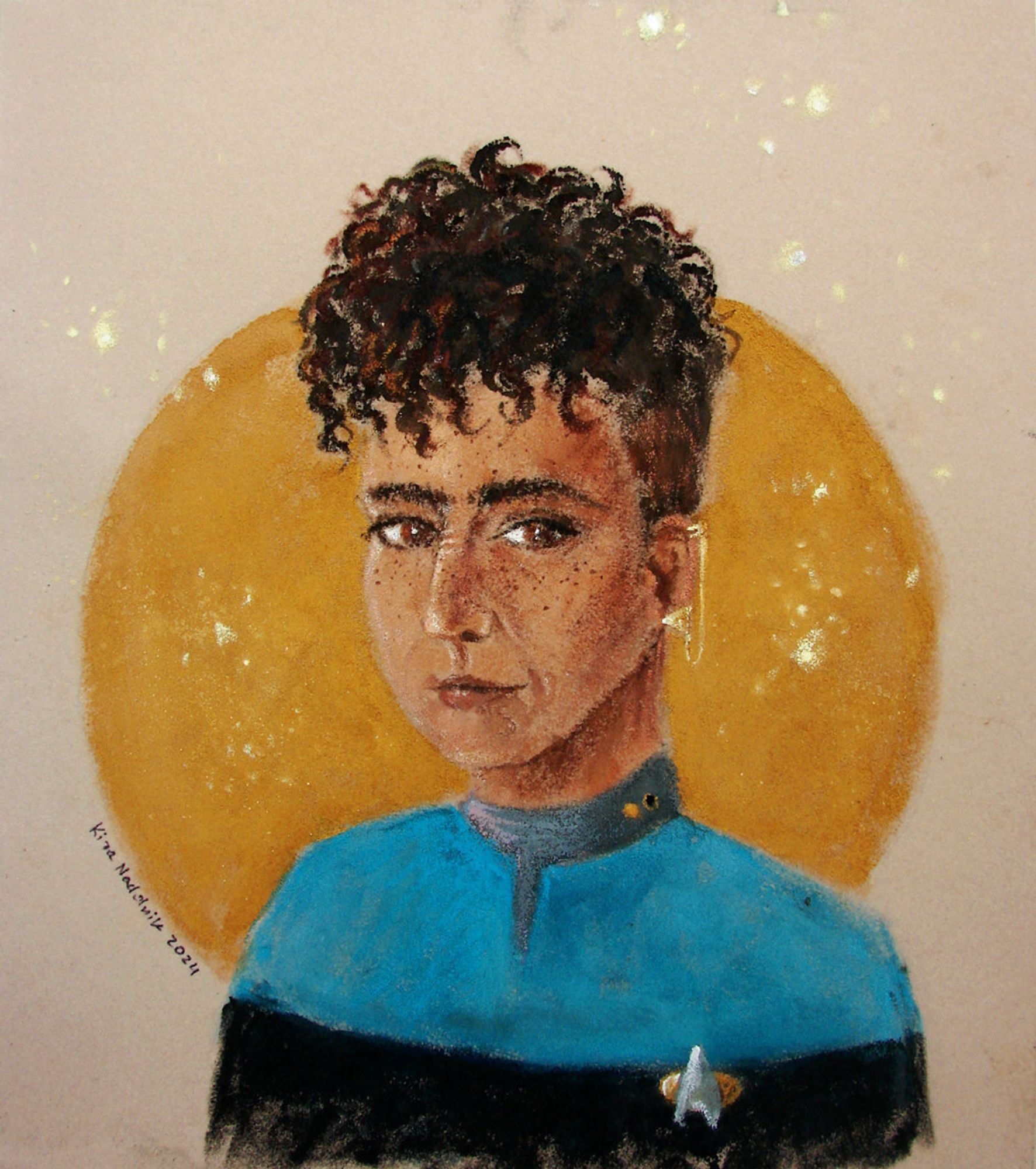 gouache portrait of a bajoran starfleet officer in TNG era blue science uniform, with lieutenant rank pips. they have light brown skin with freckles, big brown eyes, bushy eyebrows, large nose with bajoran ridges, and short curly brown hair shaved on the sides. their bajoran earring is a triangle with chain. they're facing the viewer with a small smile. background is light beige with big golden ochre circle behind model's head.