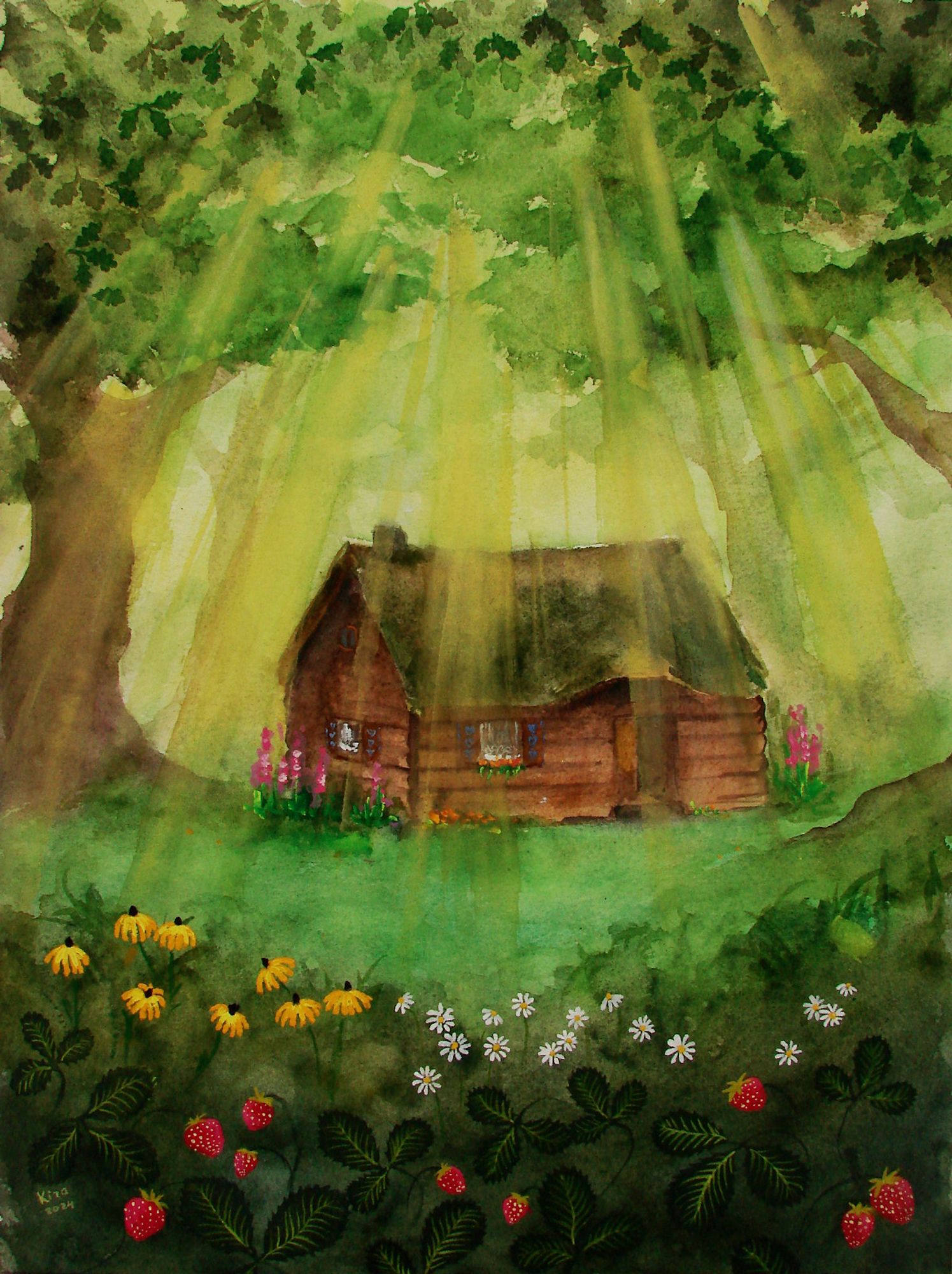 vertical watercolour illustration of a small dark wooden cottage with mossy roof standing in forest clearing. main colour is green and mood is happy and peaceful. there are pink flowers on the sides of the house, and large oak trees on both sides as well. big beams of sunlight came down from betwen the branches. on the foreground, there are tall white and yellow flowers, ripe strawberries, and strawberry leaves.