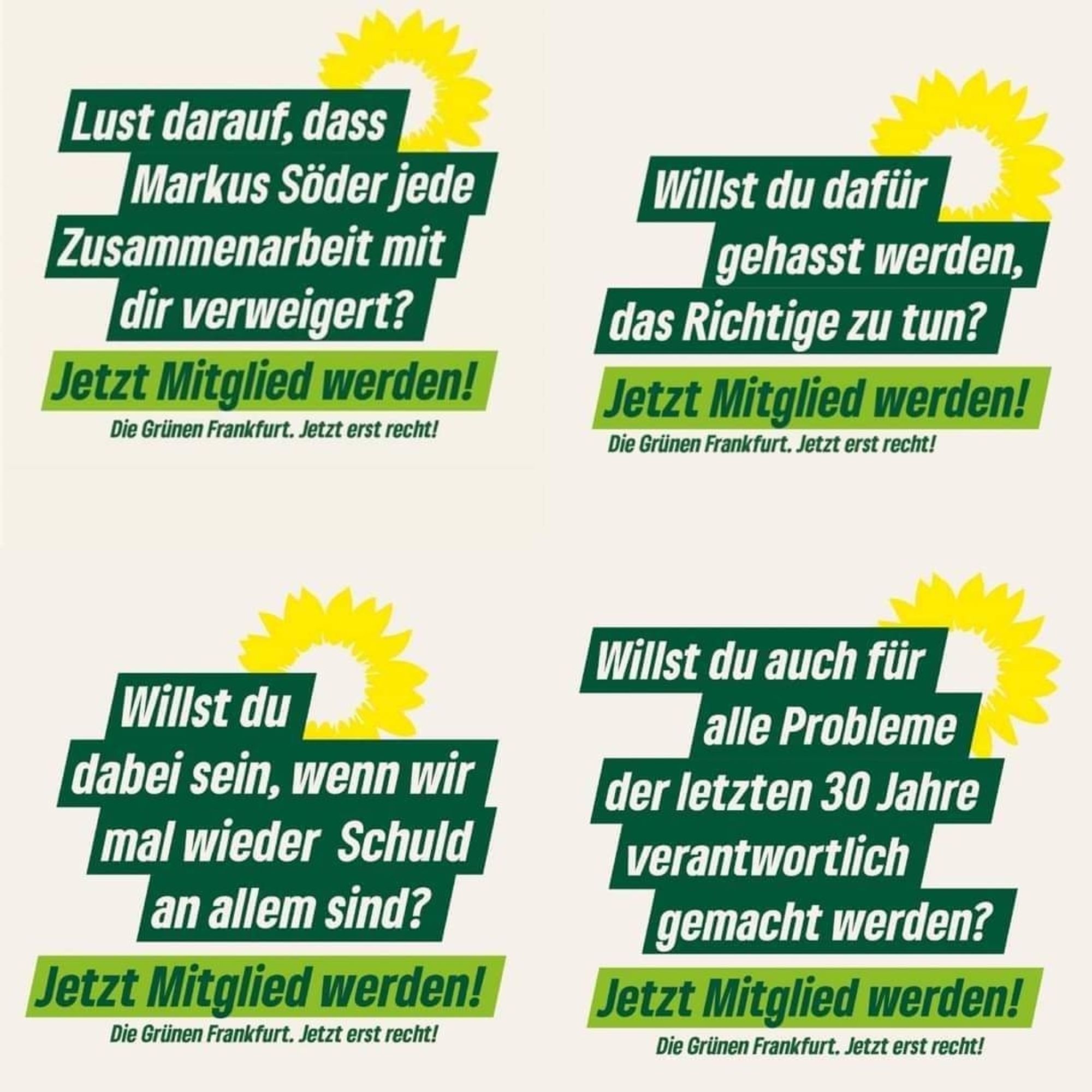 4 satirische Slogans für die Mitgliederwerbung der Gruenen - ironisch wird auf das ständige Grünenbashing der anderen Parteien angespielt