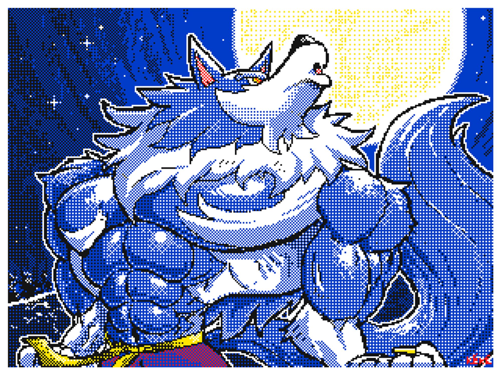 A fanart of Jon Talbain from Darkstalkers made on Flipnote Studio from the 3DS.

Here he is holding the same victory pose as the game, the fanart taking tribute to it.

A full moon can be seen behind him, reference to his werewolf transformation.