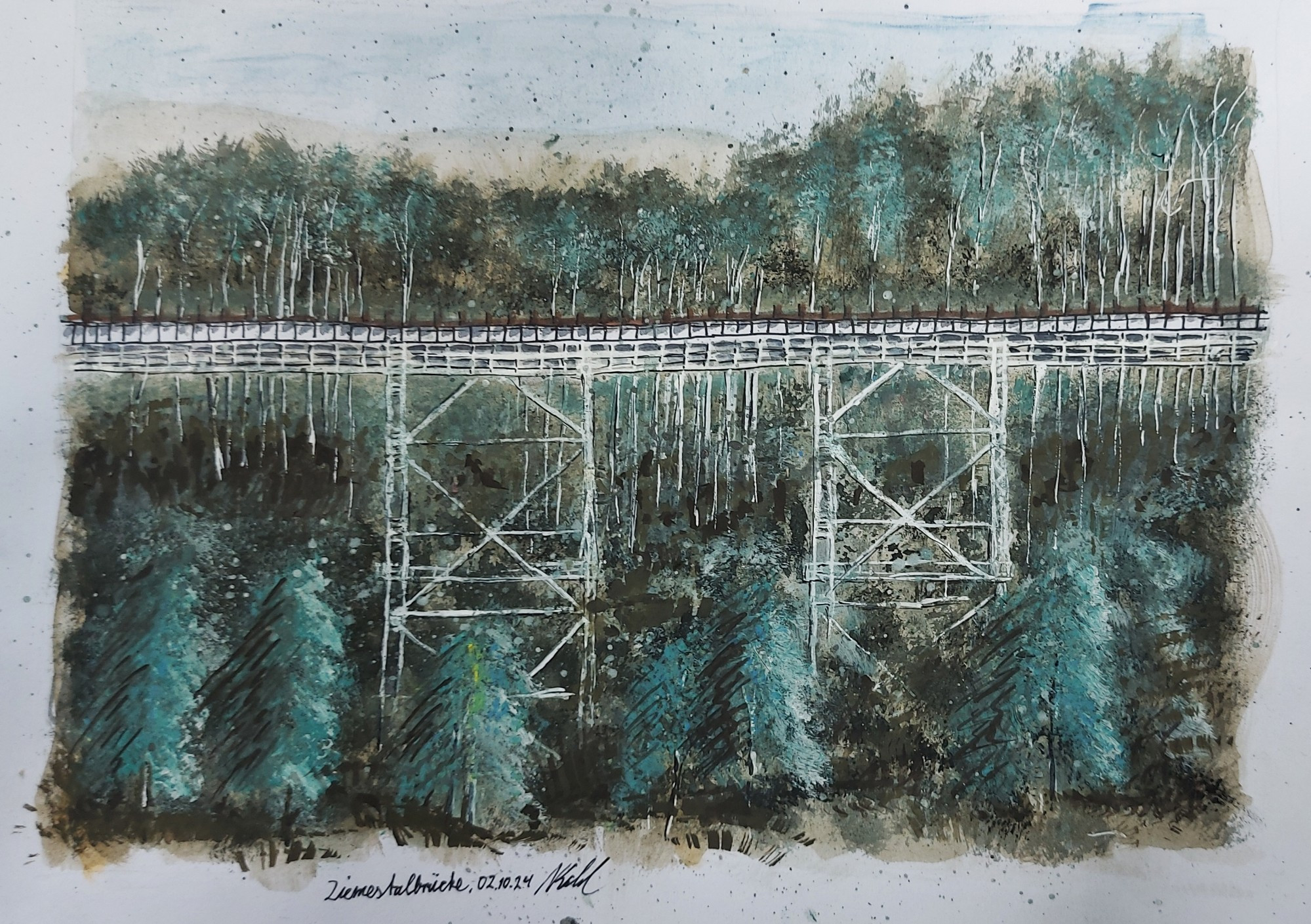 Aquarell einer Brücke vor viel Wald. Die Brücke besteht aus zwei Gerüstartigen Pfeilern. 