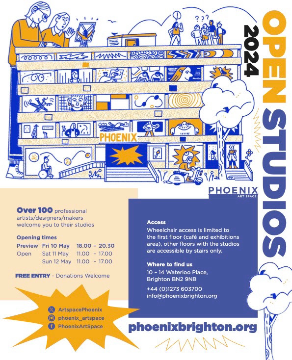 Yellow and blue A5 poster advertising Open Studios 2024. Illustration of Front of Phoenix Art Space building and times of entry.