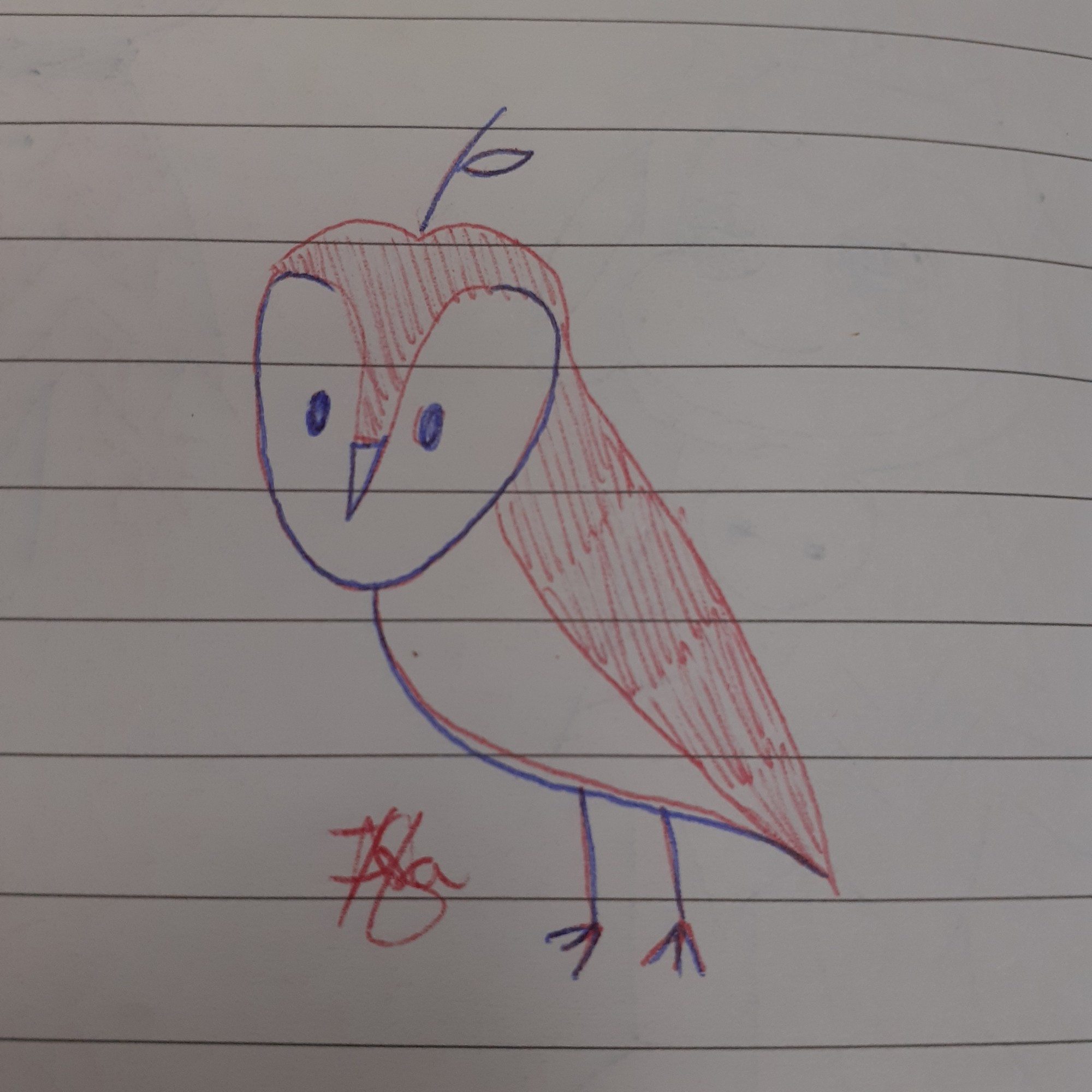 Sketch of a baby owl with a apple stick on its head