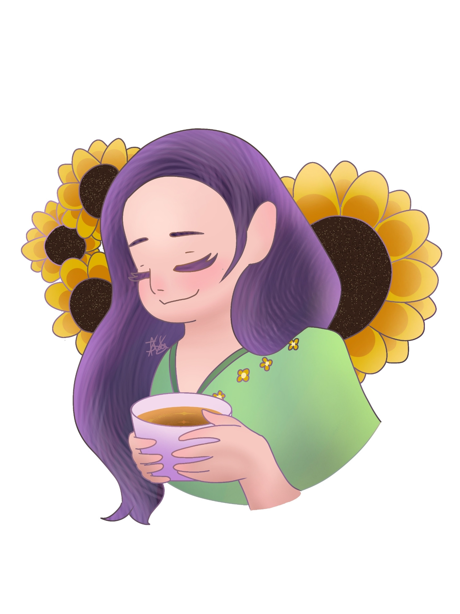 LND holding a cup of tea, with sunflowers on the background