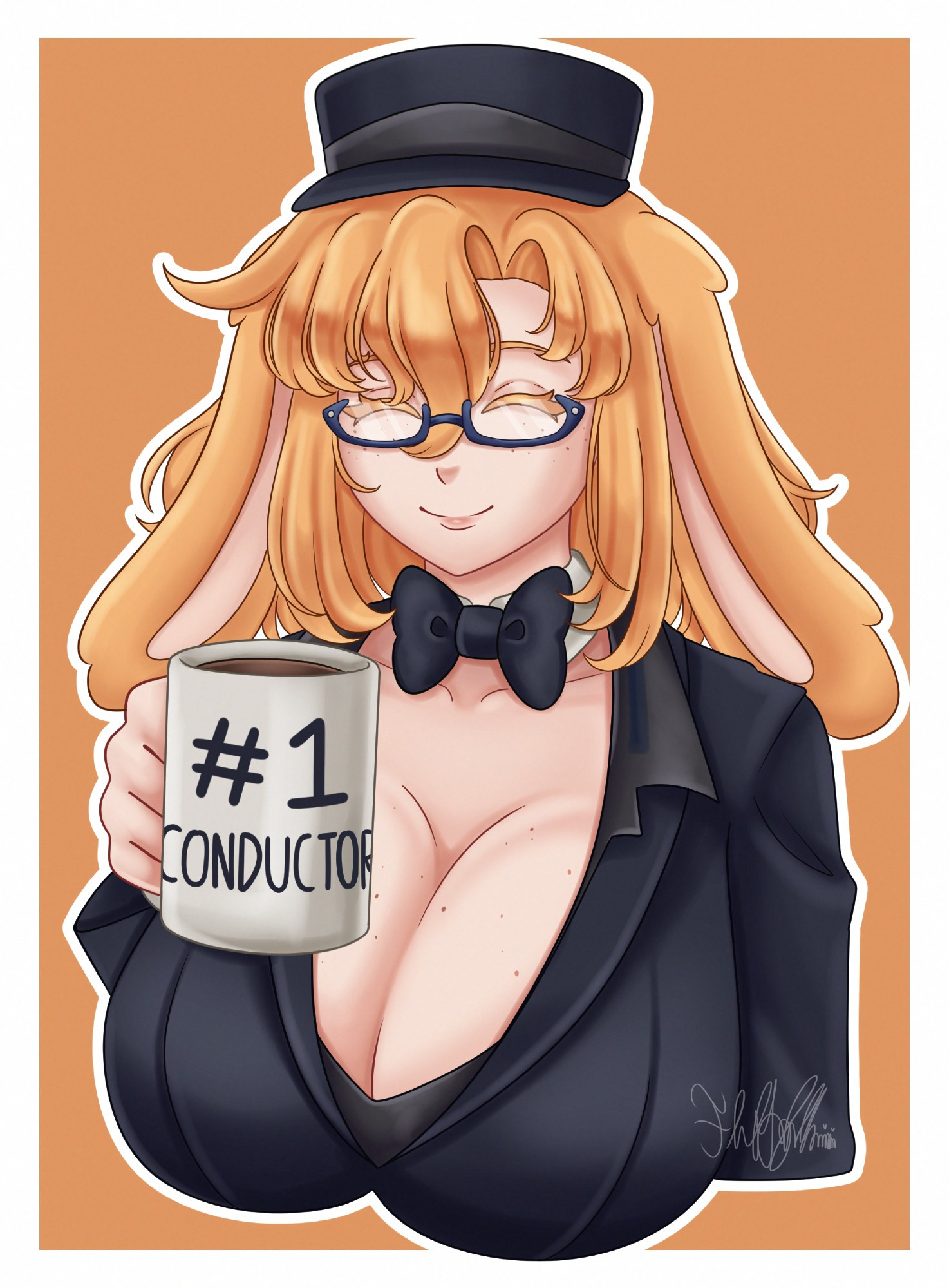 Digital bust up illustration of Adorabun the vtuber! She has a large mug of coffee that says "#1 Conductor" on it and has an additional bow tie and hat!