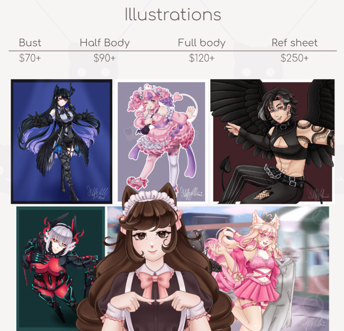 *tucks hair behind ear* *blushes* *points fingers together* hey there, my commissions are open~ Mimi posing in front of her website page with various examples and prices in the background