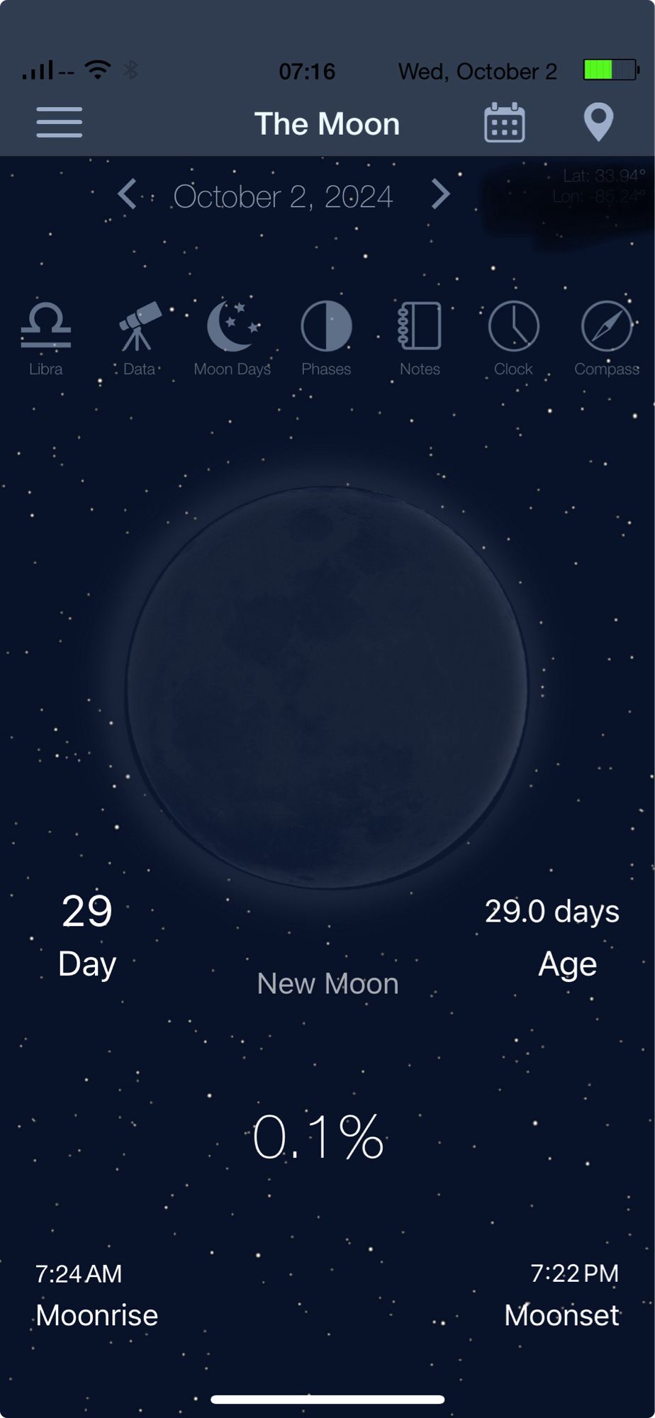 Screenshot from my iOS app The Moon: Calendar by Vitalii Gryniuk, showing day 29 in Libra ♎️, a Dark Moon, as there’s no visible light (even though the app shows it as a New Moon). In my practice it’s a New Moon when there’s a tiny sliver of light shining.