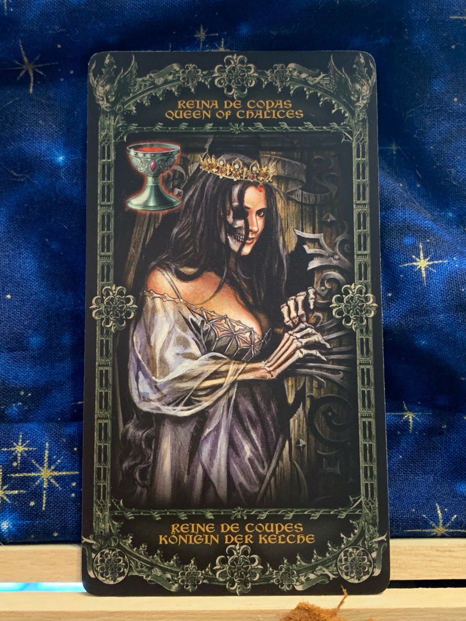 Photo of the gorgeous Queen of Chalices card from Alchemy 1977 England Tarot. 