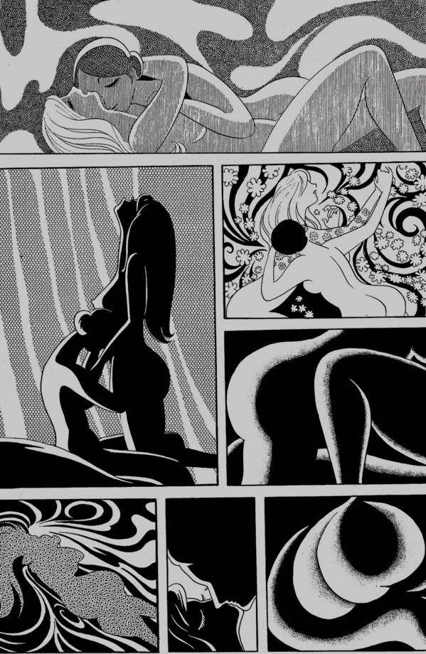 A page from Osamu Tezuka's "Book of Human Insects." It depicts two women having sex, their bodies becoming more abstract as the page progresses.