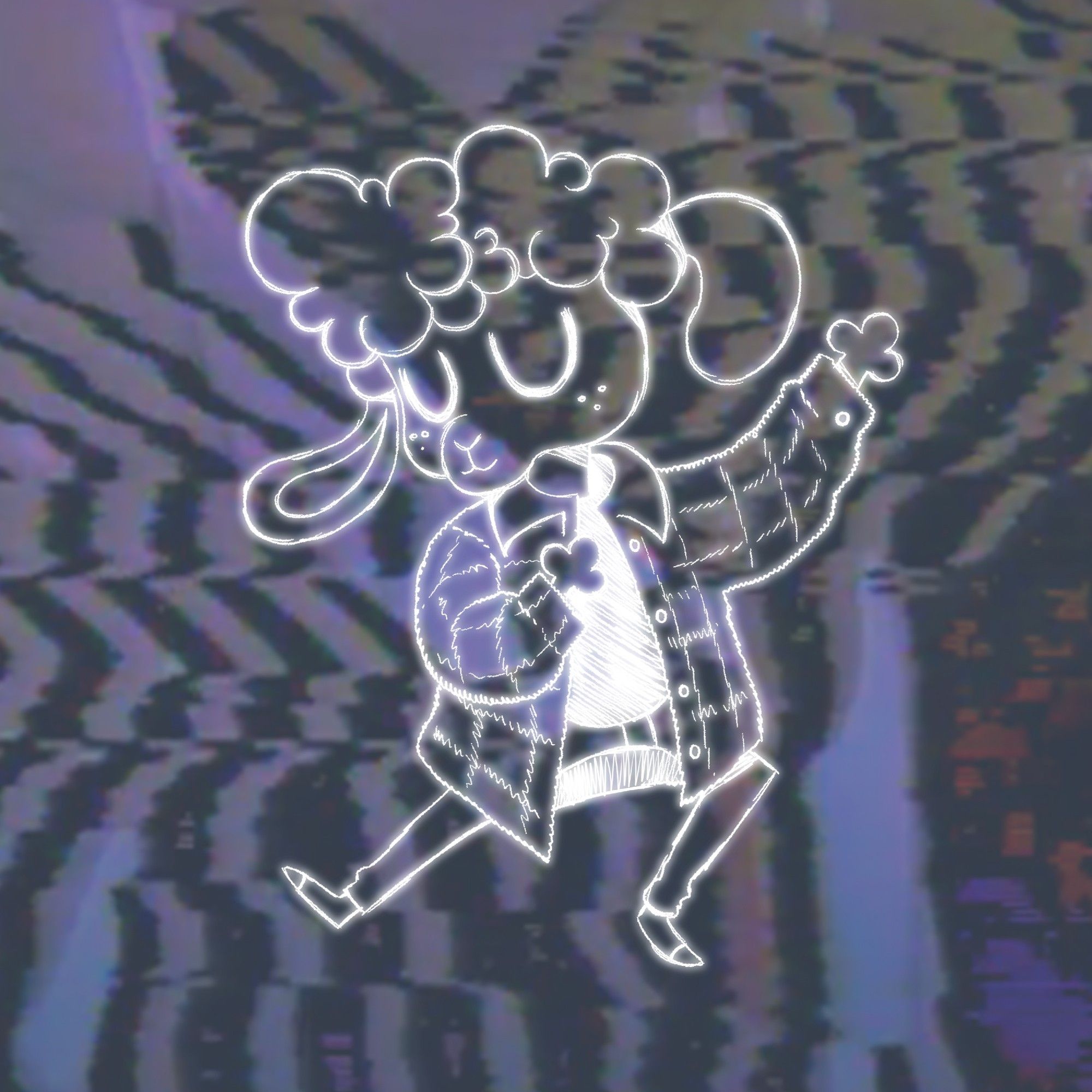 album cover art featuring a line drawing of an anthropomorphic sheep dancing in front of a glitchy purple background