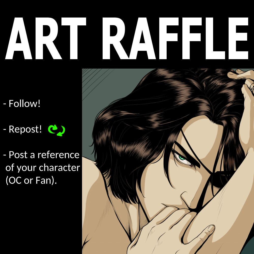 Art raffle image, showing a portrait of my OC Syd, previously posted and described, with a black marquee and text that says: ART RAFFLE

- Follow!
-Repost
-Post a reference of your character (OC or Fan).