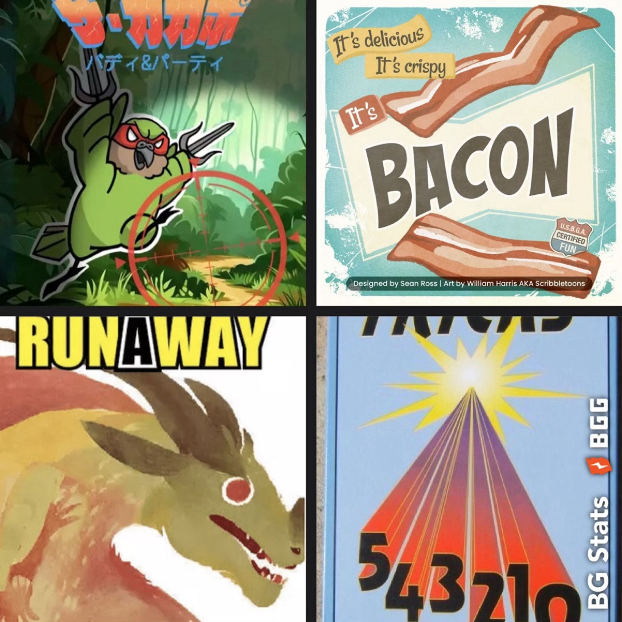 a 2x2 BGGStats grid of game box covers:
The Kakapo: Buddy & Party
Bacon
Trick Runaway
Tricks