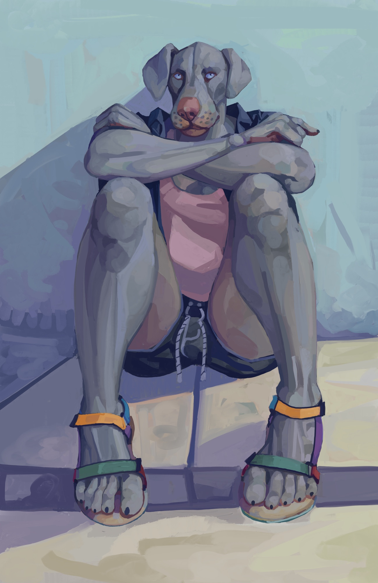 An anthro Weimaraner sitting on a curb with arms crossed, looking at the camera.