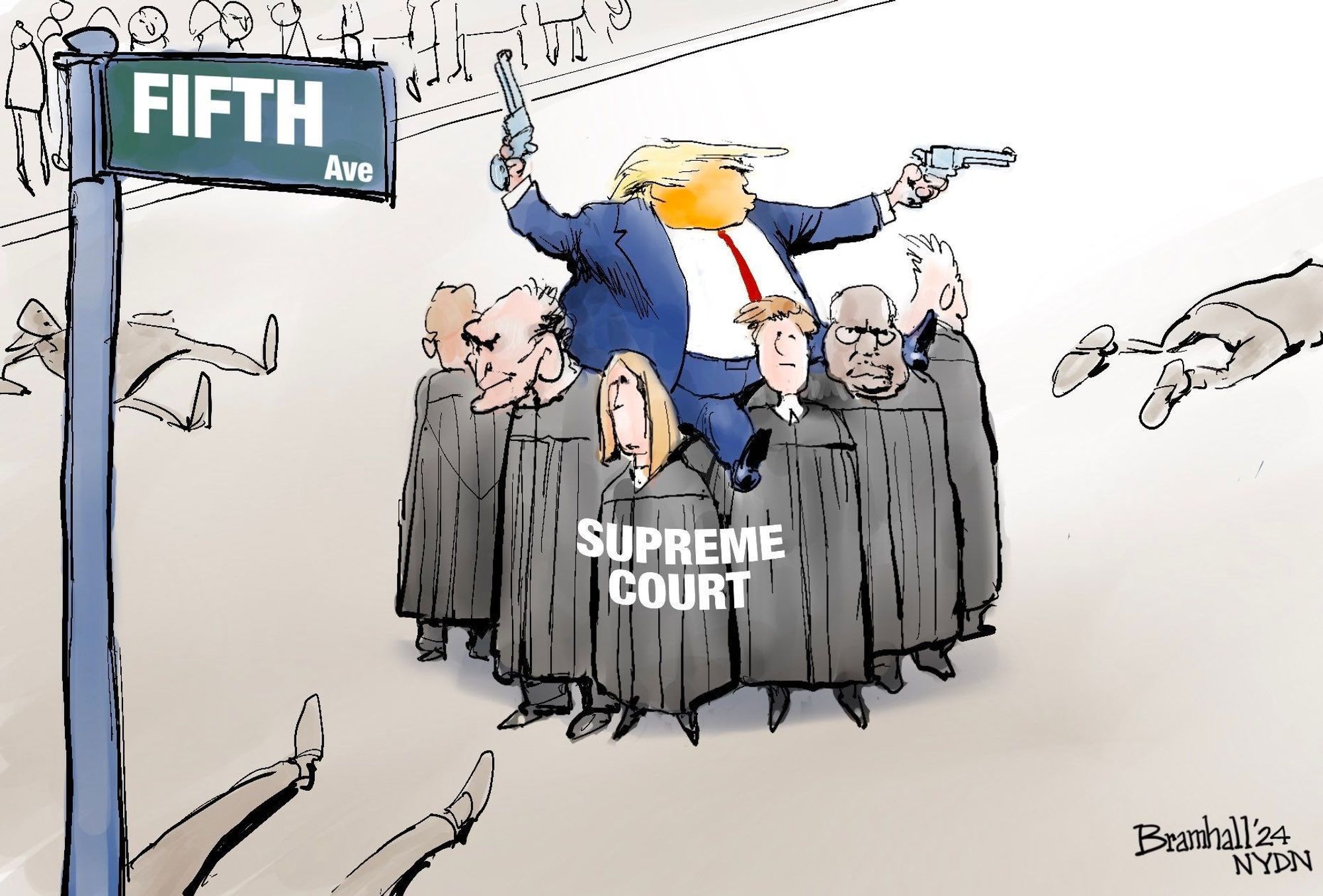 A political cartoon of trump being carried on the shoulders of the Supreme Court justices while he shoots people on 5th Avenue with a revolve in each hand.