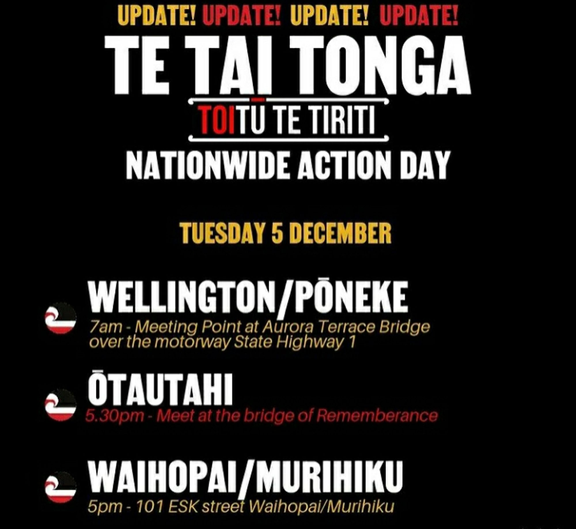 Tues Dec 5:
Õtautahi 5.30pm Bridge of Remembrance 

Waihopai 5pm 101 Esk St