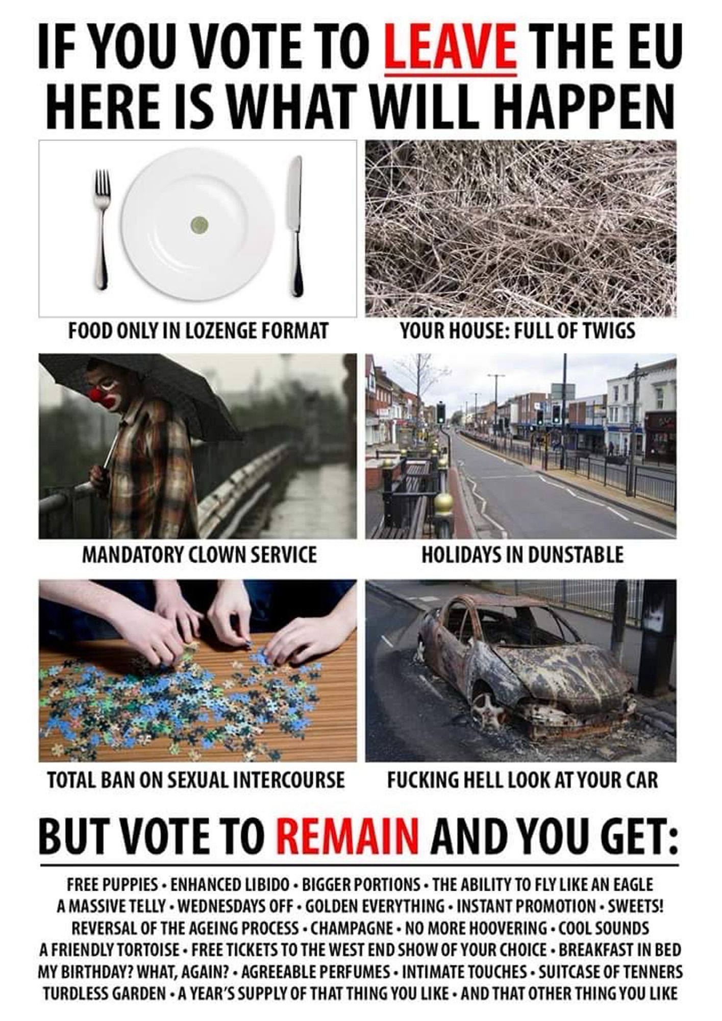 IF YOU VOTE TO LEAVE THE EU HERE IS WHAT WILL HAPPEN
FOOD ONLY IN LOZENGE FORMAT
YOUR HOUSE: FULL OF TWIGS
MANDATORY CLOWN SERVICE
HOLIDAYS IN DUNSTABLE
TOTAL BAN ON SEXUAL INTERCOURSE
FUCKING HELL LOOK AT YOUR CAR
BUT VOTE TO REMAIN AND YOU GET:
FREE PUPPIES • ENHANCED LIBIDO • BIGGER PORTIONS • THE ABILITY TO FLY LIKE AN EAGLE A MASSIVE TELLY • WEDNESDAYS OFF • GOLDEN EVERYTHING • INSTANT PROMOTION • SWEETS!
REVERSAL OF THE AGEING PROCESS • CHAMPAGNE • NO MORE HOOVERING • COOL SOUNDS
A FRIENDLY TORTOISE • FREE TICKETS TO THE WEST END SHOW OF YOUR CHOICE • BREAKFAST IN BED MY BIRTHDAY? WHAT, AGAIN? • AGREEABLE PERFUMES • INTIMATE TOUCHES • SUITCASE OF TENNERS TURDLESS GARDEN • A YEAR'S SUPPLY OF THAT THING YOU LIKE • AND THAT OTHER THING YOU