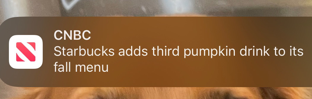 Push notification from CNBC: Starbucks adds third pumpkin drink to its fall menu