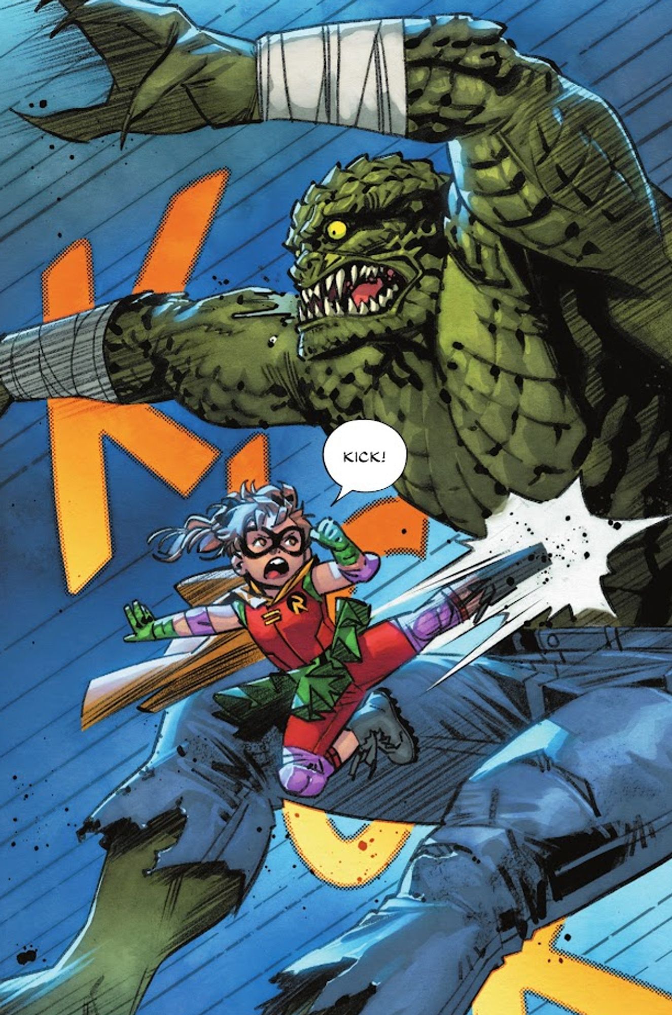 Elizabeth "Lizzie" Prince, the Daughter of Diana of Themyscira, at age 5, dressed in a Robin costume and jump-kicking Killer Croc in the stomach while shouting "Kick!"