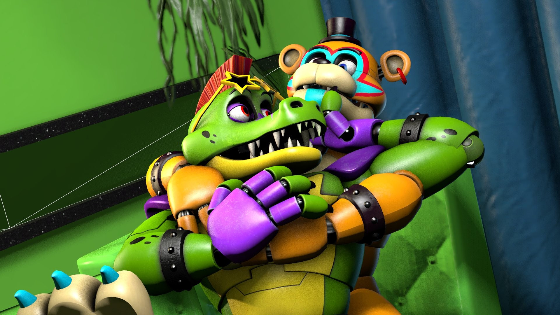 Freddy: Monty! What are you doing? Careful, that's my neck!

Monty: Ha ha! Ya dumb, Fazbear. I'm only playing with ya.

Freddy: At least be gentle.

Monty: Want me to be gentle? I'll show you gentle.  