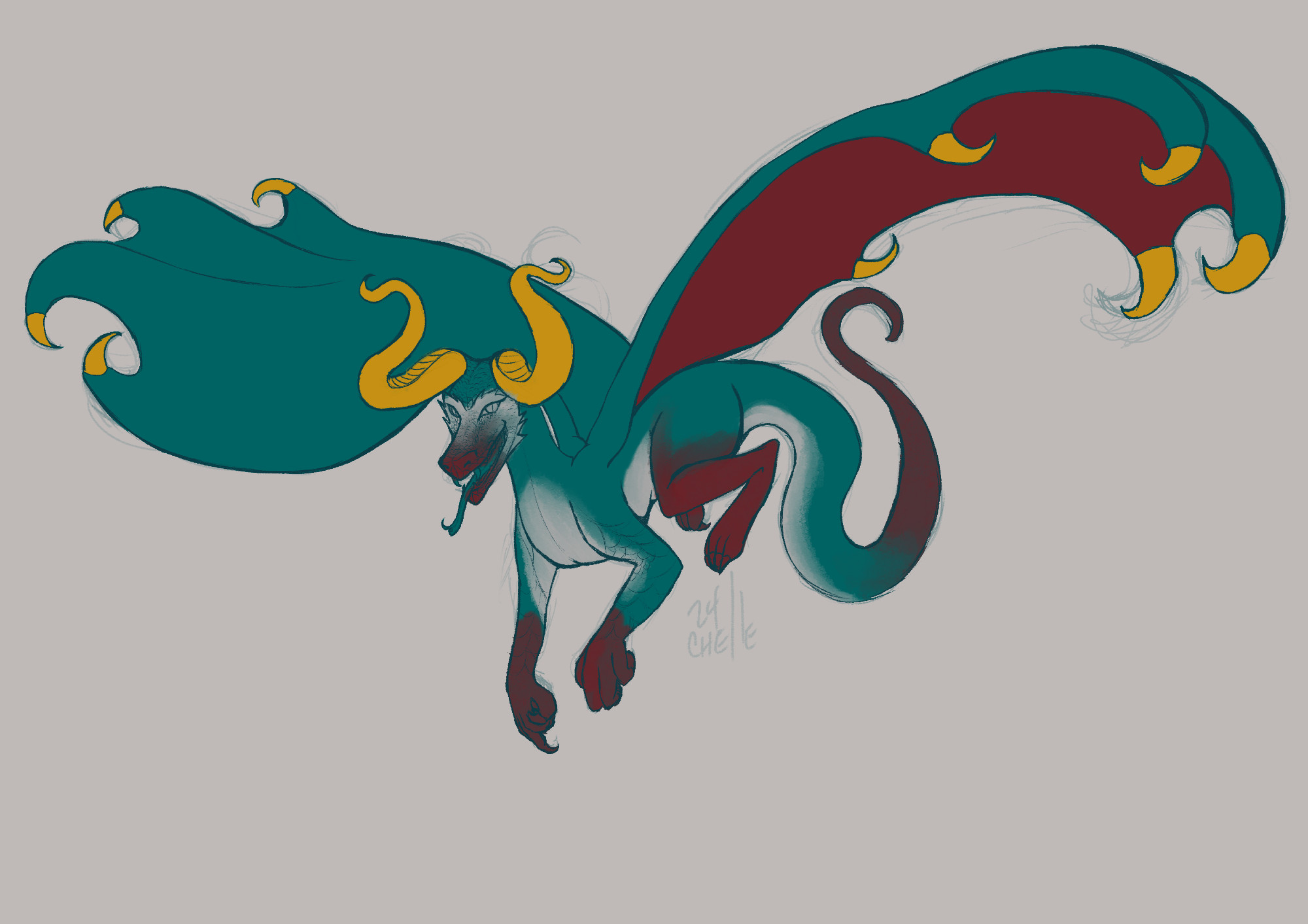 A sassy teal dragon with red underwings, and red tipped front and back feet. Wings have clawed tips of gold. Their face is silver, as is their underbelly. Their snout is tipped with red, and their head topped with gold horns. It is a WIP.