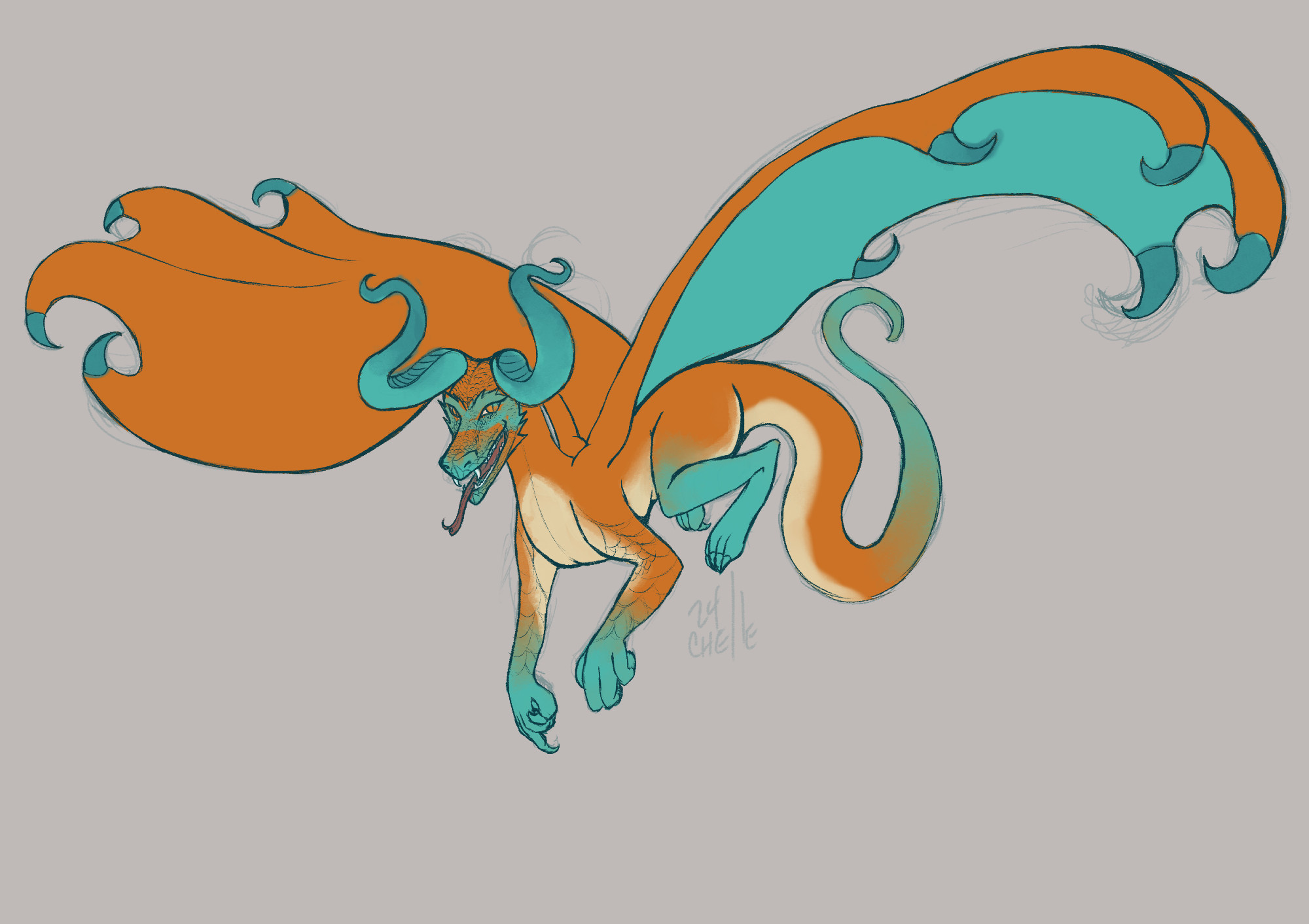 A sassy orange dragon with bright teal underwings, and teak tipped front and back feet. Wings have clawed tips of darker teal. Their face is teal, as is their underbelly. Their snout is tipped with teal, and their head topped with teal ombre horns. It is a WIP.