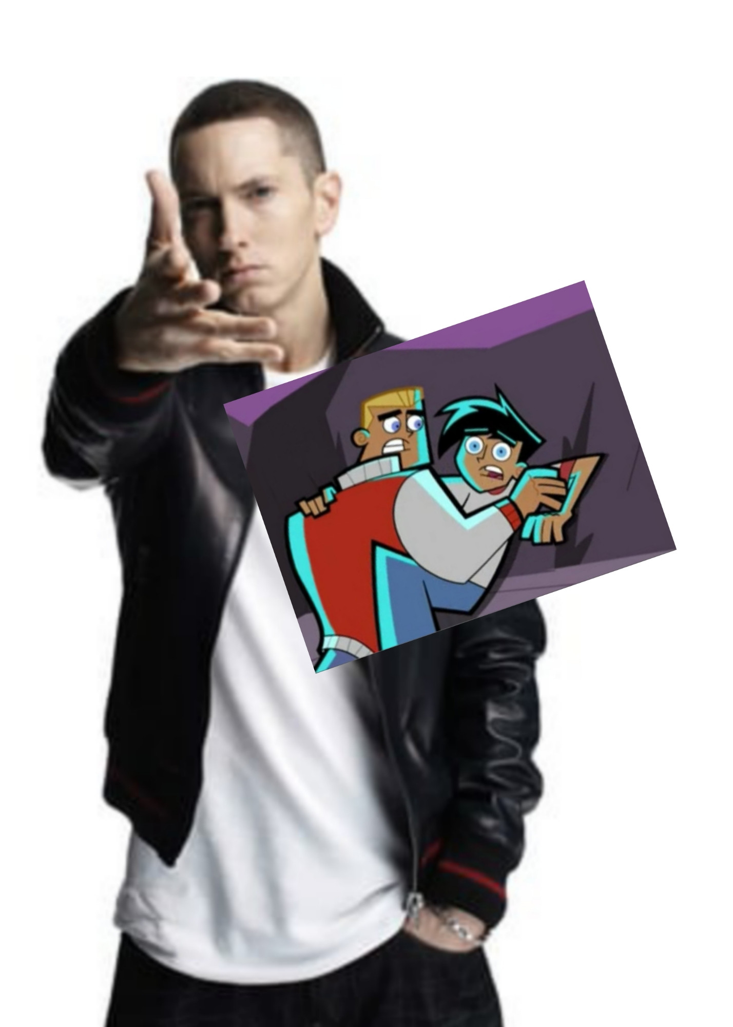 eminem posed with his hand outstretched edited to look like he's throwing a screenshot from danny phantom where dash baxter looks like hes pinning danny phantom to the floor