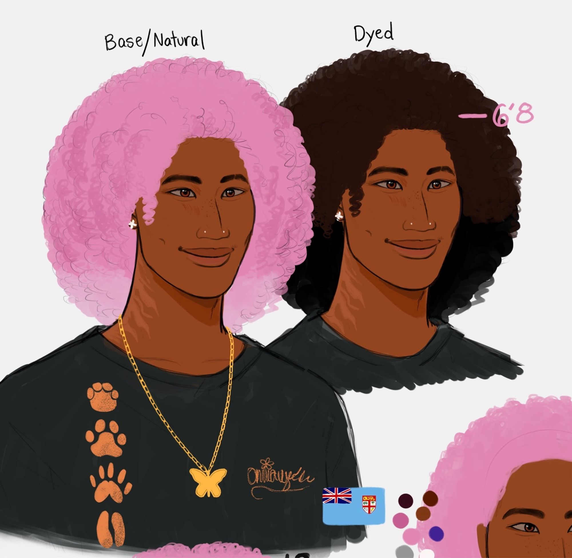 Start ID. WIP/work in progress of my character named sione. he has natural pink curly hair, dimples, piercings on his nose and ears, and a golden memento butterfly necklace. this image shows him with dyed dark hair and his natural pink for comparison.
End ID.