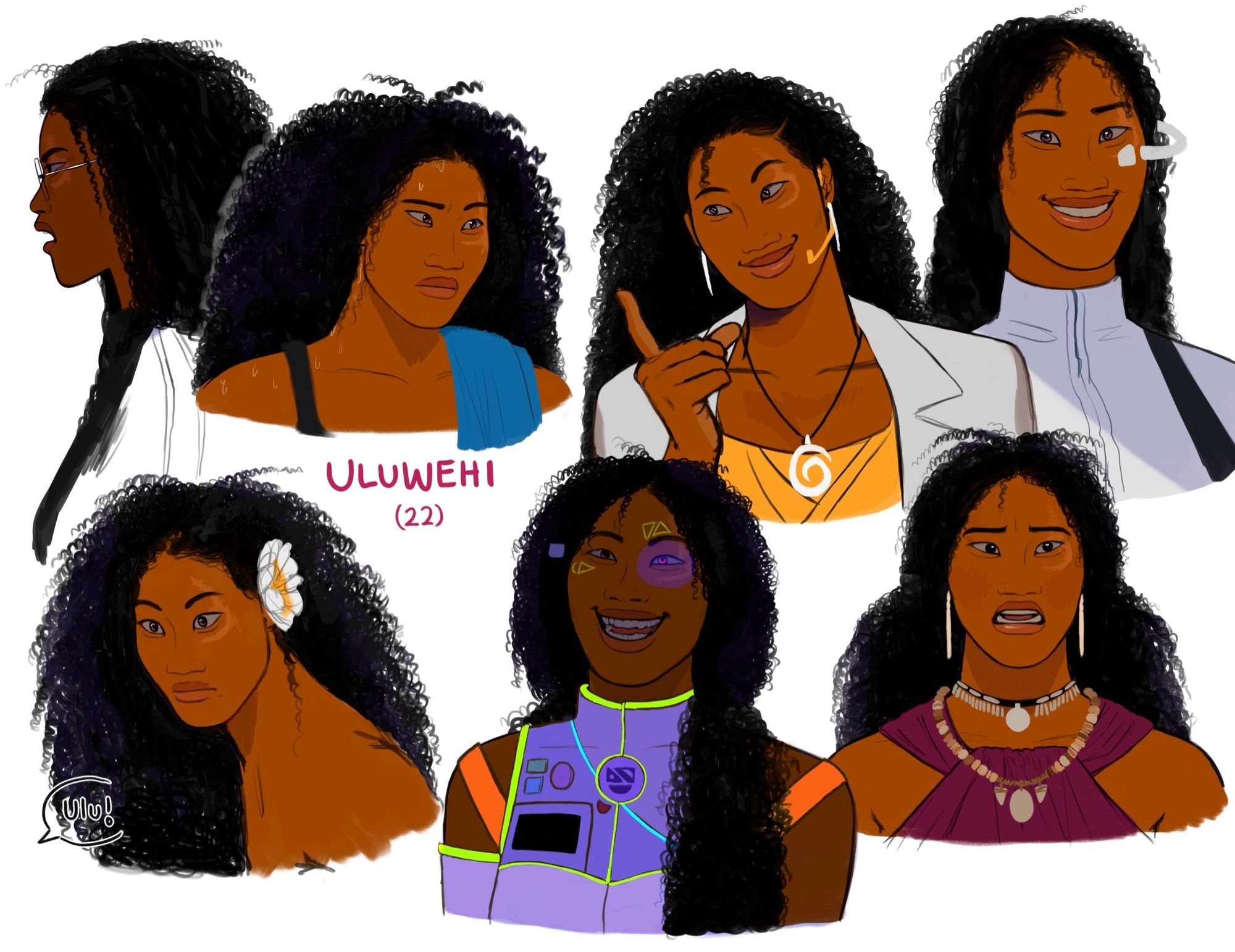 Start ID: seven digital illustrations of my original character uluwehi. Each drawing has a different expression and outfit on a bust for future reference.
Uluwehi is a character with pink eyes and long curly hair and brown skin. They are all on a white background. End ID.