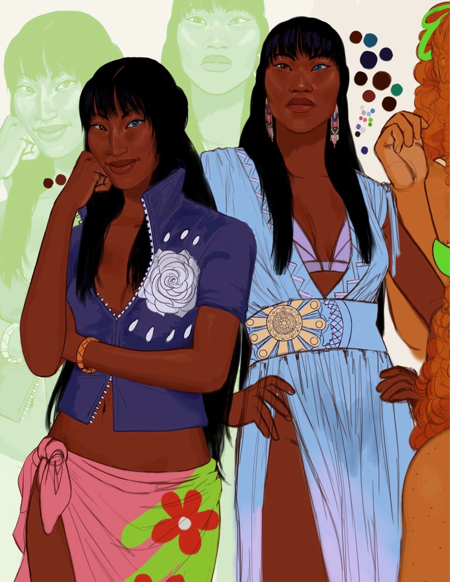 Start ID. art of nico robin from one piece. she is portrayed with dark skin and heterochromia in her eyes. she’s heavily headcanoned as indigenous here. specifically yup’ik/talamanca and BriBri. in one drawing, she has one arm crossed and the other arm on resting on her face. she’s smiling and wearing her default outfit from the show. on the other drawing on the right, she has her hands on her hips, facing her head up and peering off into the distance. in this drawing, robin is wearing a blue outfit with patterns similar to those seen in indigenous costa rican art. End ID.