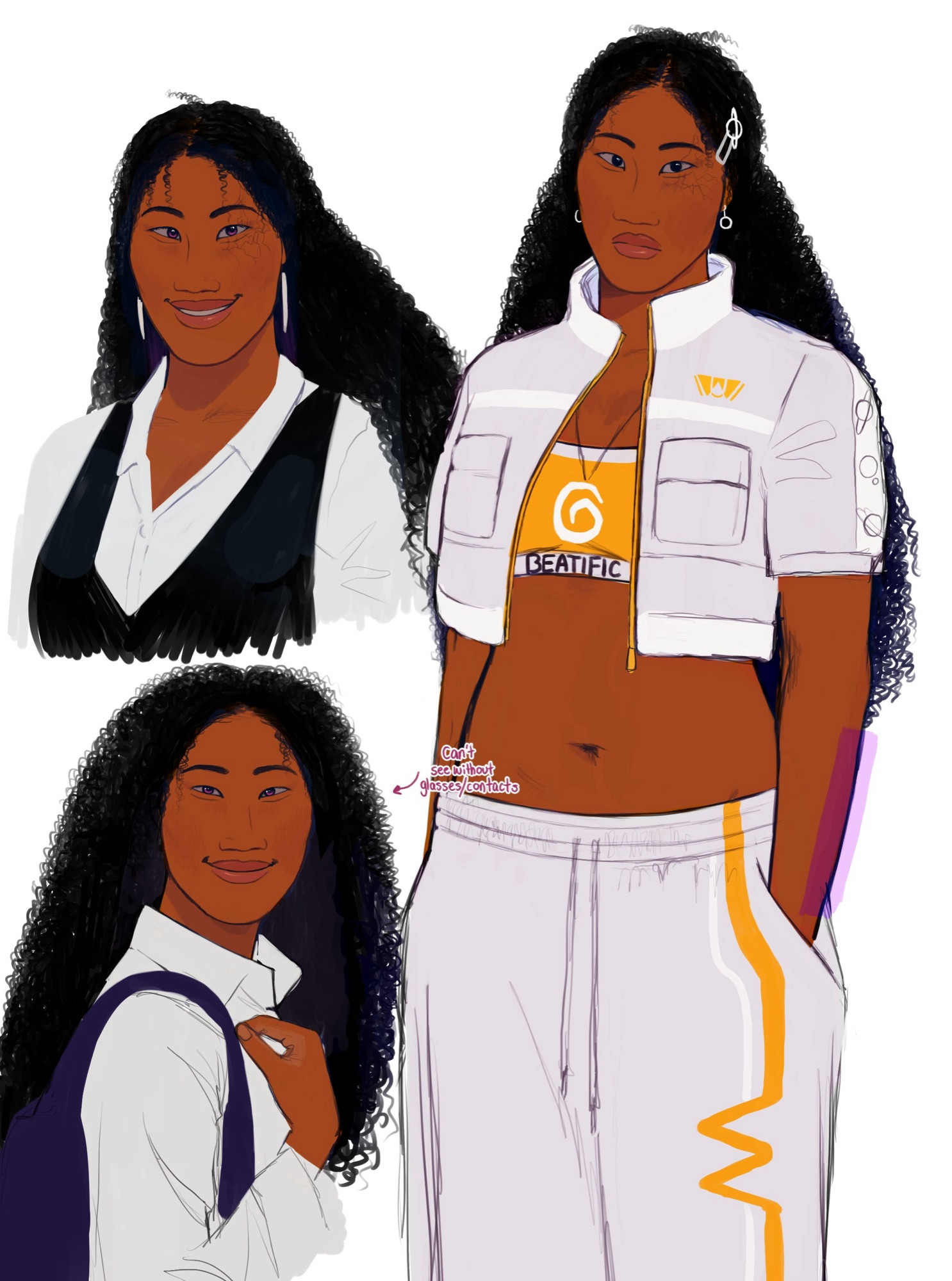 Start ID. a picture of doodles of a character named uluwehi. they have brown skin and long, dark, curly hair. they are drawn 3 times and he's wearing mostly white clothing. to the right, uluwehi is standing with his hands in his pockets and he's wearing sweatpants and a crop top jacket. on the top left, he's wearing a back, v-neck vest suit. dress shirt under. on the bottom left, uluwehi is wearing a dress shirt again, with a book bag he's holding on his shoulder. all 3 of these drawings have him with his eye scar except for the one on the bottom left. End ID.