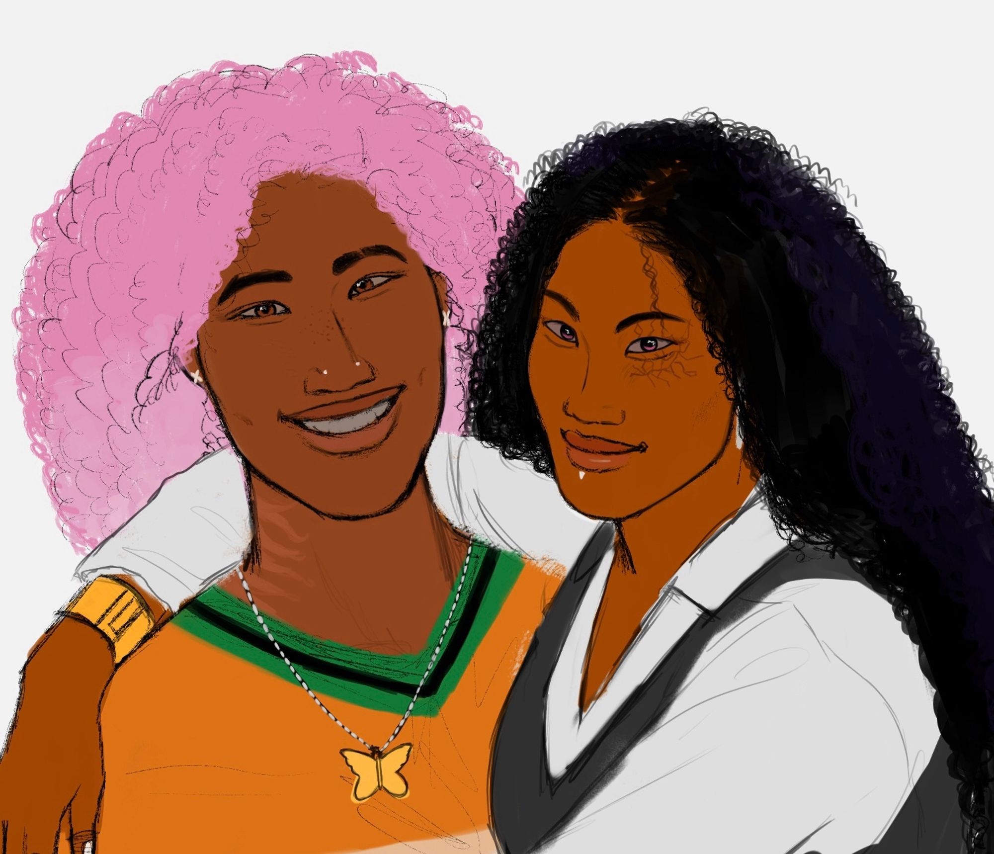 Start ID: my characters, sione and uluwehi. old digital sketch/doodle of uluwehi semi hugging sione. Uluwehi is to the right with long black curly hair, pink eyes, an eye scar and an under lip piercing along with earrings. Sione is to the left with curly pink hair, piercings on his nose and ears, dimples, brown eyes, and an eyebrow slit. End ID.