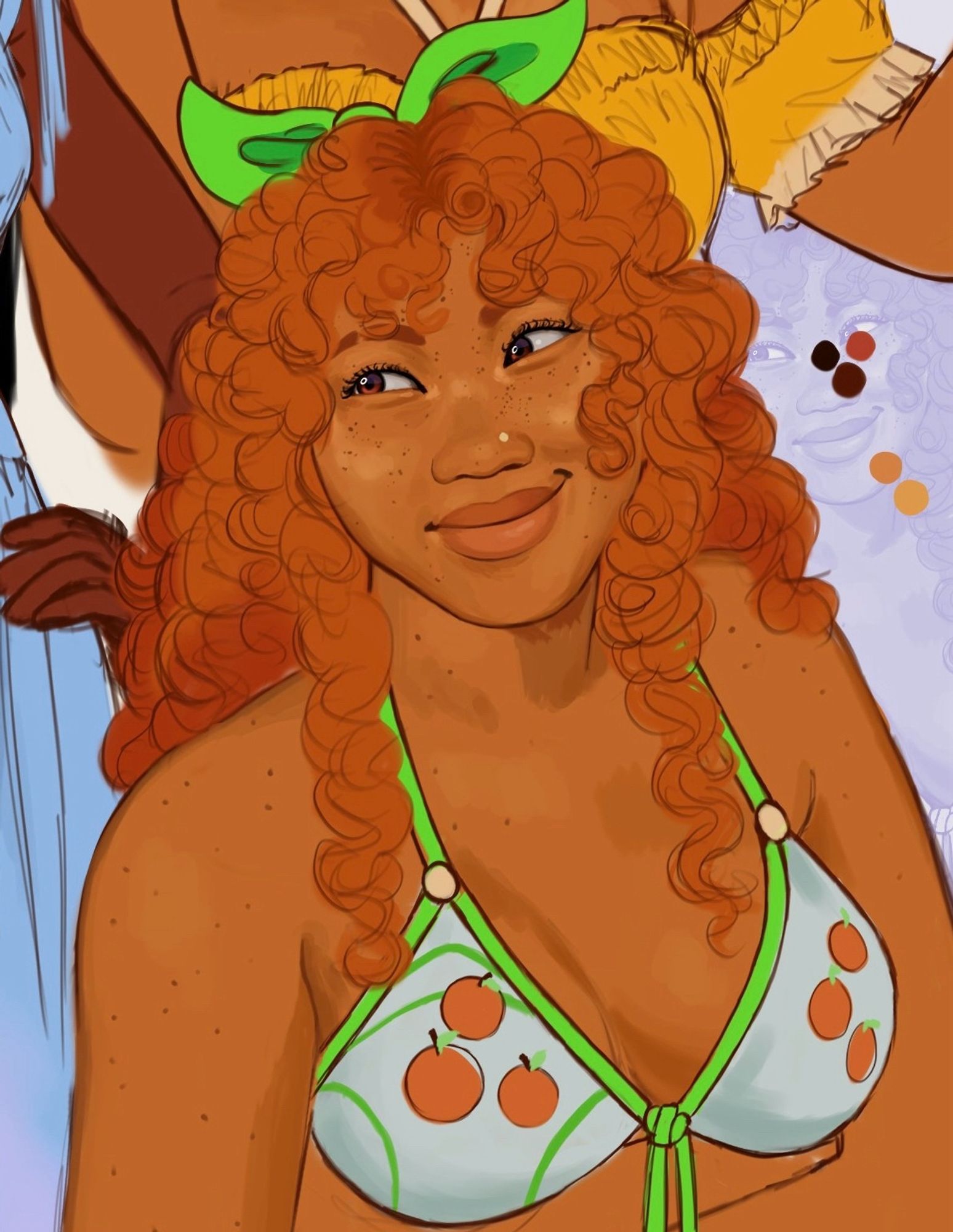 Start ID. art of nami from one piece. she is portrayed with curly hair, tanned skin, freckles, a nose ring, and a shaved eyebrow down the middle. she’s headcanoned here as southeast asian . in this image she’s looking off to the left and smiling. nami is wearing no shirt with just a bra. similar to how she dresses in the actual show. she has a green bow tye, making her resemble an actual tangerine. End ID.